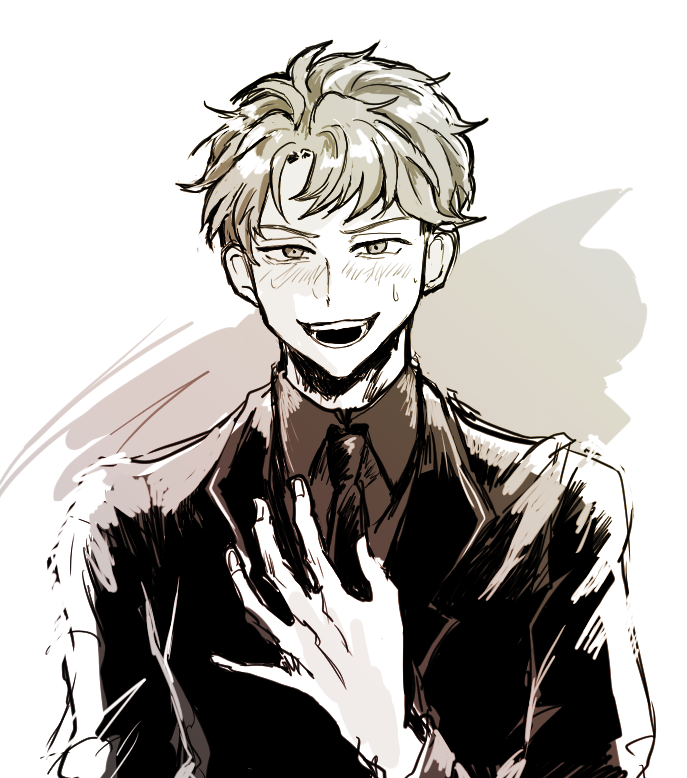 takami kouki, futsuu no keion-bu, 1boy, blush, collared shirt, ginko (nkymgnk), hand on own chest, jacket, looking at viewer, male focus, monochrome, necktie, official alternate costume, official alternate hairstyle, open mouth, sepia, shirt, short hair, small sweatdrop, smile, solo, suit jacket, upper body, v-shaped eyebrows