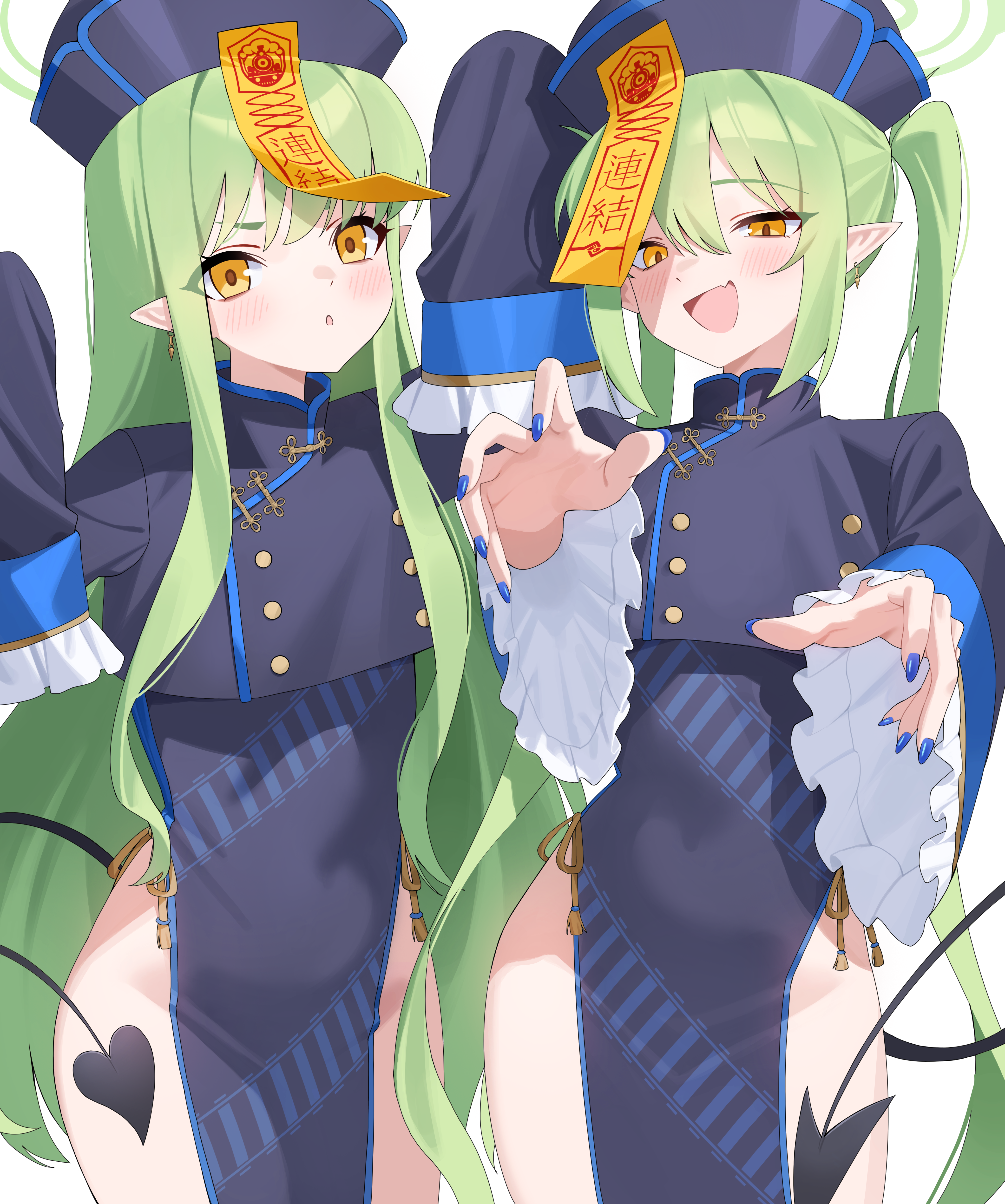 ddog, hikari (blue archive), nozomi (blue archive), blue archive, absurdres, highres, 2girls, blue dress, blue nails, blush, breasts, chinese clothes, coin hair ornament, covered navel, demon tail, dress, green hair, green halo, hair ornament, halo, hat, jiangshi, jiangshi costume, long hair, long sleeves, looking at viewer, multiple girls, no panties, ofuda, ofuda on head, open mouth, outstretched arms, pointy ears, print dress, qingdai guanmao, simple background, sleeves past fingers, sleeves past wrists, small breasts, smile, tail, white background, yellow eyes