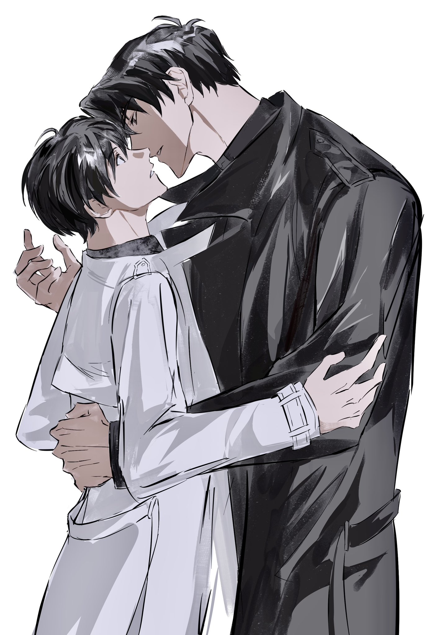 kim dokja, yoo joonghyuk, omniscient reader's viewpoint, commentary, english commentary, highres, 2boys, 8d2suga9, black coat, black eyes, black hair, coat, cowboy shot, curtained hair, hand on another's arm, hug, imminent kiss, looking at another, male focus, multiple boys, open clothes, open coat, parted lips, popped collar, short hair, white coat, yaoi