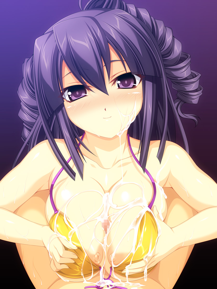 kinoshita ichi, umegiri hifumi, beatmania iidx, bemani, highres, 1girl, bare shoulders, bikini, blush, breasts, censored, collarbone, cum, cum on body, cum on breasts, cum on upper body, curly hair, drill hair, facial, fingernails, head tilt, large breasts, long hair, looking at viewer, mosaic censoring, nipples, paizuri, penis, pov, purple background, purple eyes, purple hair, simple background, smile, solo focus, swimsuit, twintails