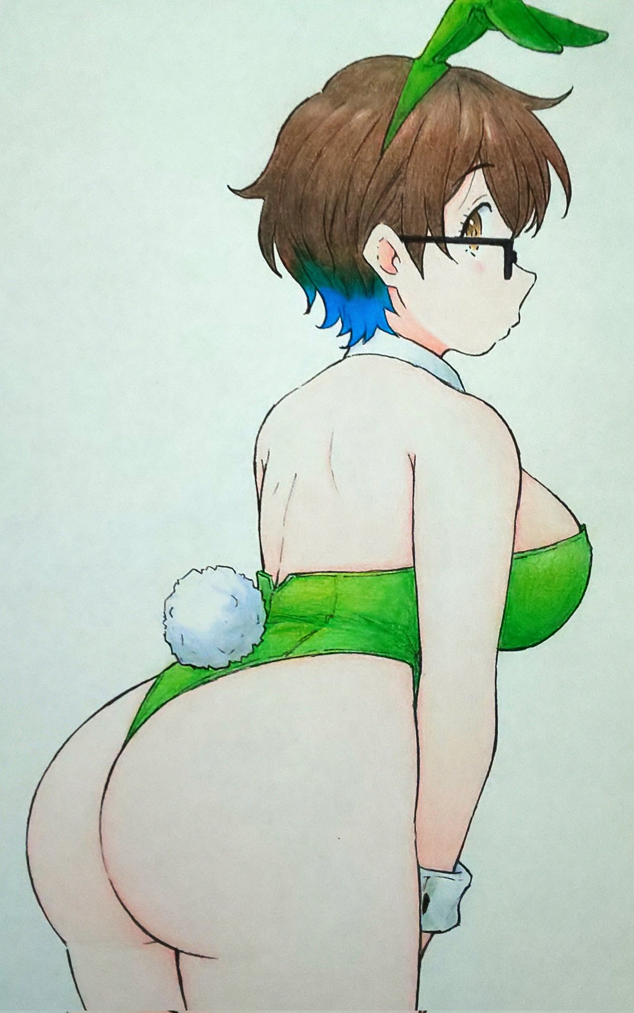 gyupolo9, imari youko, ruri no houseki, highres, traditional media, 1girl, animal ears, ass, back, blue hair, breasts, brown eyes, brown hair, curvy, detached collar, glasses, grey background, large breasts, multicolored hair, playboy bunny, rabbit ears, rabbit tail, short hair, simple background, tail, wrist cuffs