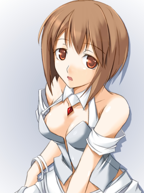ribi, hagiwara yukiho, idolmaster, idolmaster (classic), 00s, 1girl, bare shoulders, breasts, brown eyes, brown hair, cleavage, cool & sexy (idolmaster), female focus, gradient background, halterneck, open mouth, short hair, solo