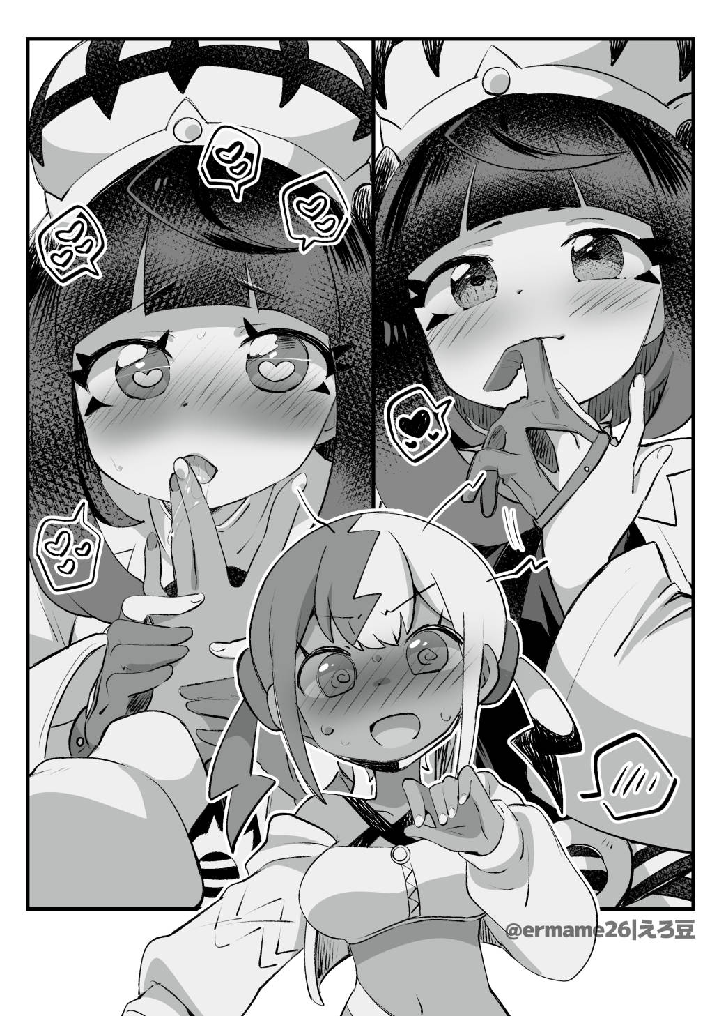 eromame, canari (pokemon), gwynn (pokemon), pokemon, pokemon legends: z-a, highres, @ @, blush, heart, heart-shaped pupils, monochrome, symbol-shaped pupils