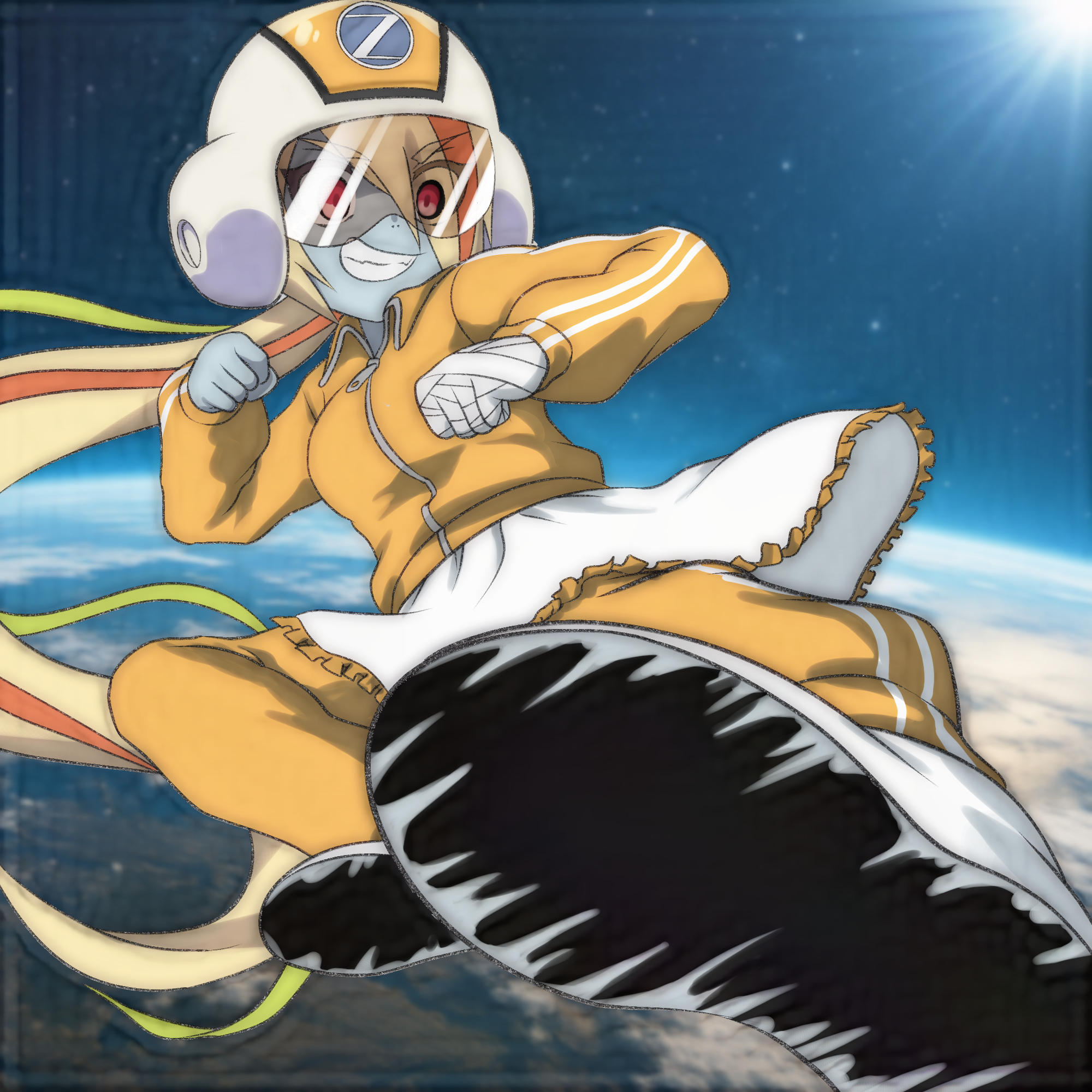 t jiroo (ringofriend), nikaidou saki, zombie land saga, 1girl, bandaged hand, bandages, blonde hair, breasts, colored skin, earth (planet), eyes visible through hair, fangs, flying kick, grey skin, grin, hair over one eye, helmet, jacket, kicking, long hair, low ponytail, medium breasts, multicolored hair, orange helmet, orange jacket, orange pants, pants, planet, ponytail, red eyes, red hair, shoes, skirt, smile, space, star (sky), streaked hair, sun, superhero costume, teeth, track jacket, track pants, track suit, white shoes, white skirt, zombie