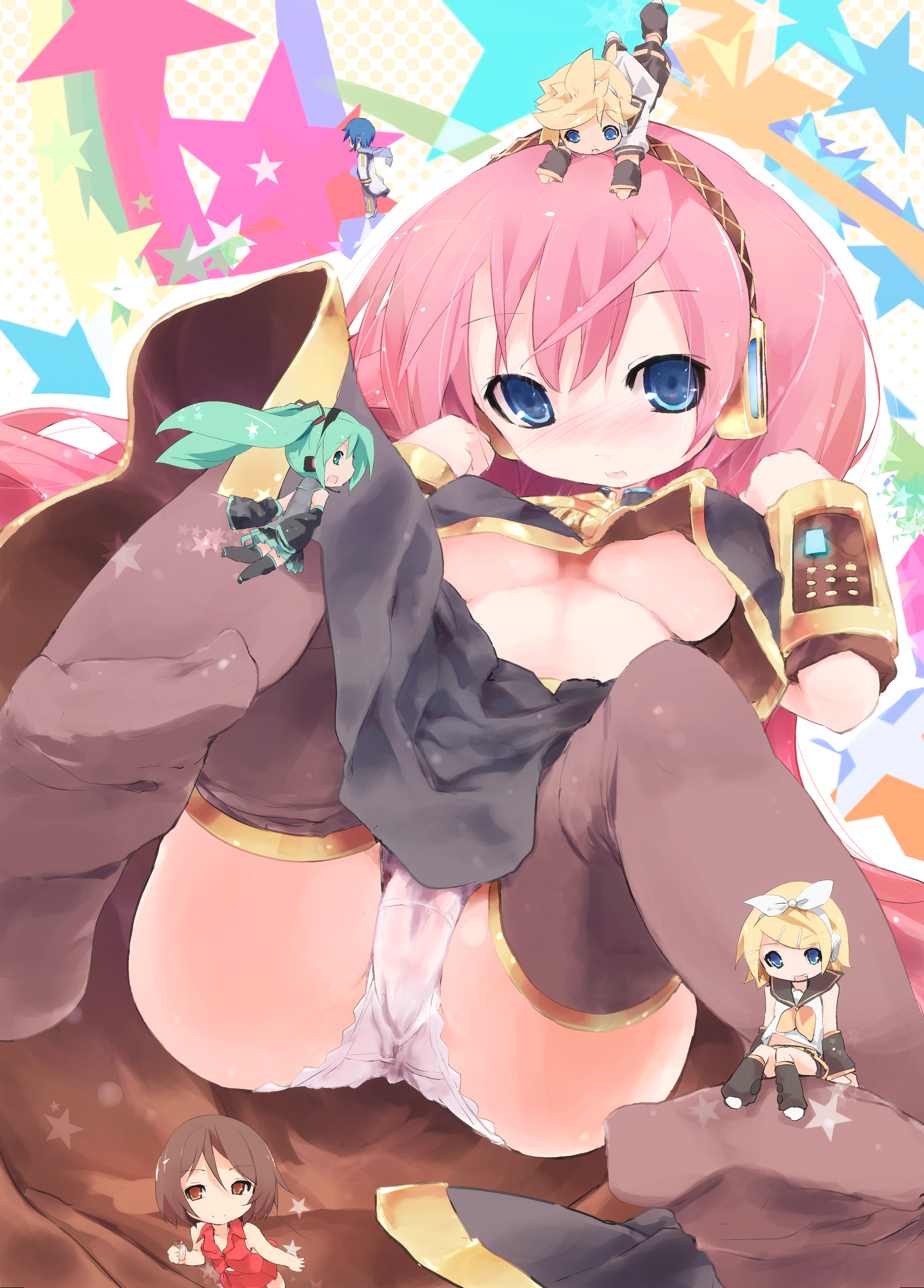 kuroba u, hatsune miku, kagamine len, kagamine rin, kaito (vocaloid), megurine luka, meiko (vocaloid), vocaloid, absurdres, highres, 2boys, 4girls, blush, breasts, cameltoe, feet, mini person, miniboy, minigirl, multiple boys, multiple girls, nipples, panties, socks, soles, thighhighs, underboob, underwear