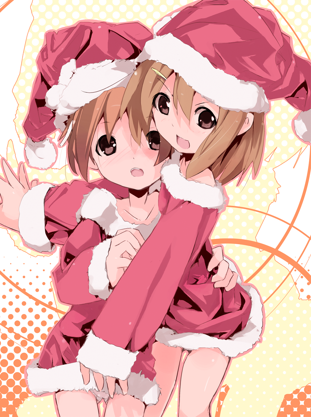 kuroba u, hirasawa ui, hirasawa yui, k-on!, highres, 00s, 2girls, brown eyes, brown hair, hat, multiple girls, panties, santa costume, santa hat, siblings, sisters, underwear