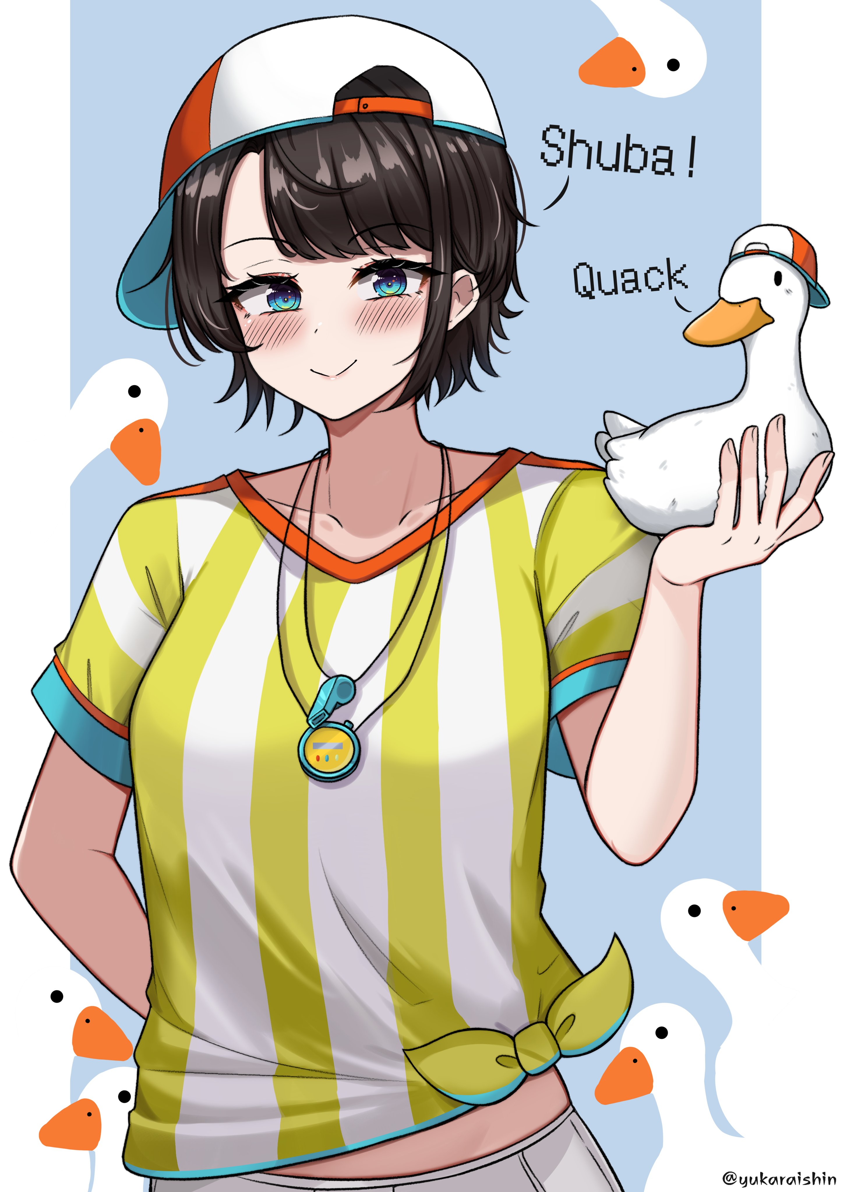 yukaraishin, oozora subaru, oozora subaru (1st costume), subatomo (oozora subaru), hololive, absurdres, commentary, highres, 1girl, animal, backwards hat, baseball cap, bird, black hair, blue background, blue eyes, blush, breasts, closed mouth, cowboy shot, duck, hat, holding, holding animal, looking at viewer, medium breasts, midriff peek, parted bangs, shirt, short hair, short sleeves, smile, solo, stopwatch, stopwatch around neck, swept bangs, tied shirt, virtual youtuber, watch, white hat, yellow shirt