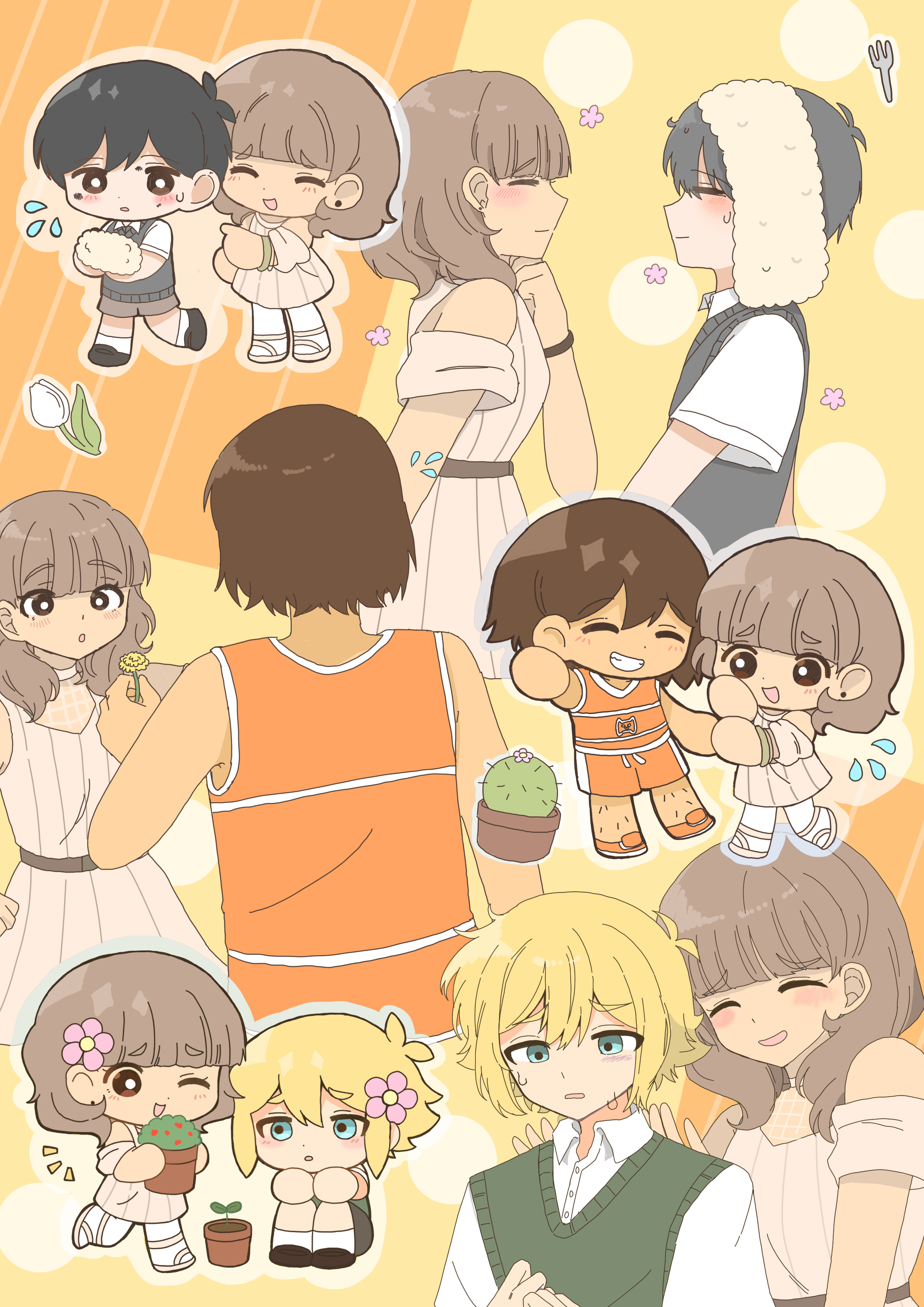 yuuabara, basil (faraway) (omori), basil (omori), kel (faraway) (omori), kel (omori), polly (omori), sunny (omori), omori, absurdres, highres, 1girl, 3boys, antenna hair, black eyes, black hair, black shoes, black sweater vest, blonde hair, blue eyes, blunt bangs, blush, bracelet, bright pupils, brown eyes, brown hair, brown shorts, cactus, chibi, closed eyes, collared shirt, dandelion, dark-skinned female, dark-skinned male, dark skin, double-parted bangs, ear piercing, flower, flower pot, flying sweatdrops, green sweater vest, grin, hair between eyes, hair flower, hair ornament, holding, holding flower pot, jewelry, knees up, looking at another, multiple boys, one eye closed, open mouth, orange shoes, orange shorts, pantyhose, parted lips, piercing, plant, potted plant, shirt, shoes, short hair, short sleeves, shorts, sitting, smile, sneakers, sweat, sweatdrop, sweater vest, teeth, towel, towel on head, tulip, white flower, white pantyhose, white pupils, white shirt, white tulip