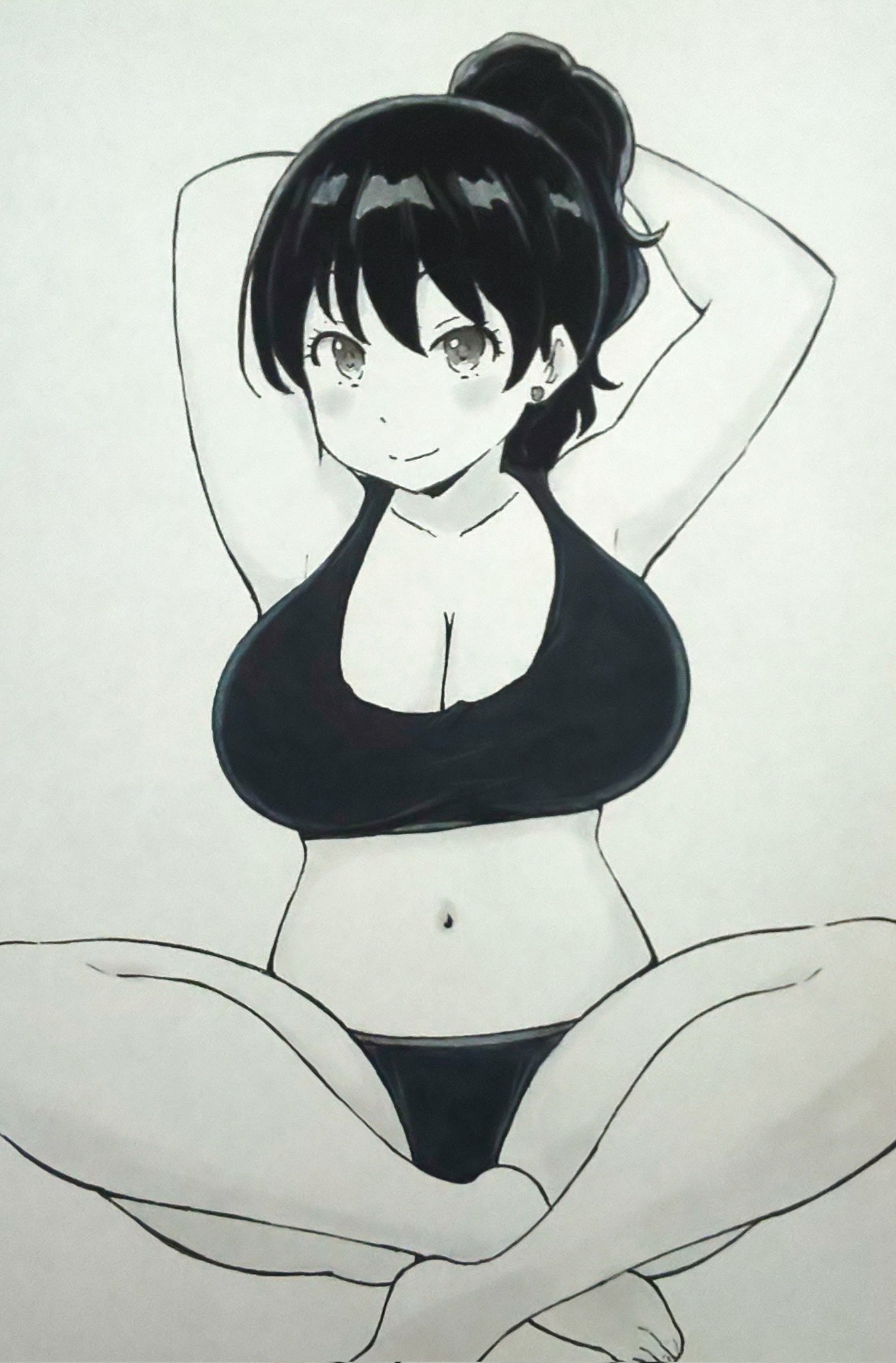 gyupolo9, arato nagi, ruri no houseki, highres, traditional media, 1girl, arms behind head, bra, breasts, cleavage, crossed legs, ear piercing, greyscale, large breasts, long hair, monochrome, navel, panties, piercing, ponytail, sitting, smile, underwear