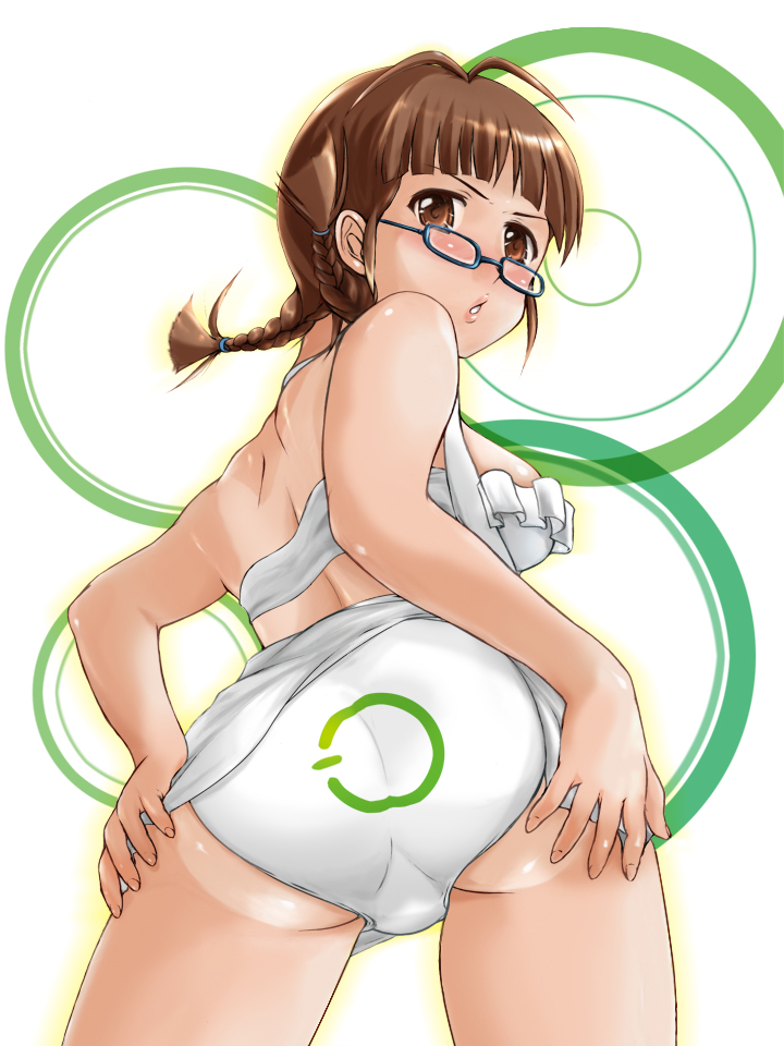 tachi hirushi, akizuki ritsuko, idolmaster, idolmaster (classic), 00s, 1girl, annoyed, antenna hair, ass, back, bikini, blue-framed eyewear, blush, braid, breasts, brown eyes, brown hair, female focus, from behind, from below, game console, glasses, large breasts, looking at viewer, looking back, one-piece tan, shiny skin, solo, swimsuit, tan, tanline, twin braids, white background, white bikini, xbox 360