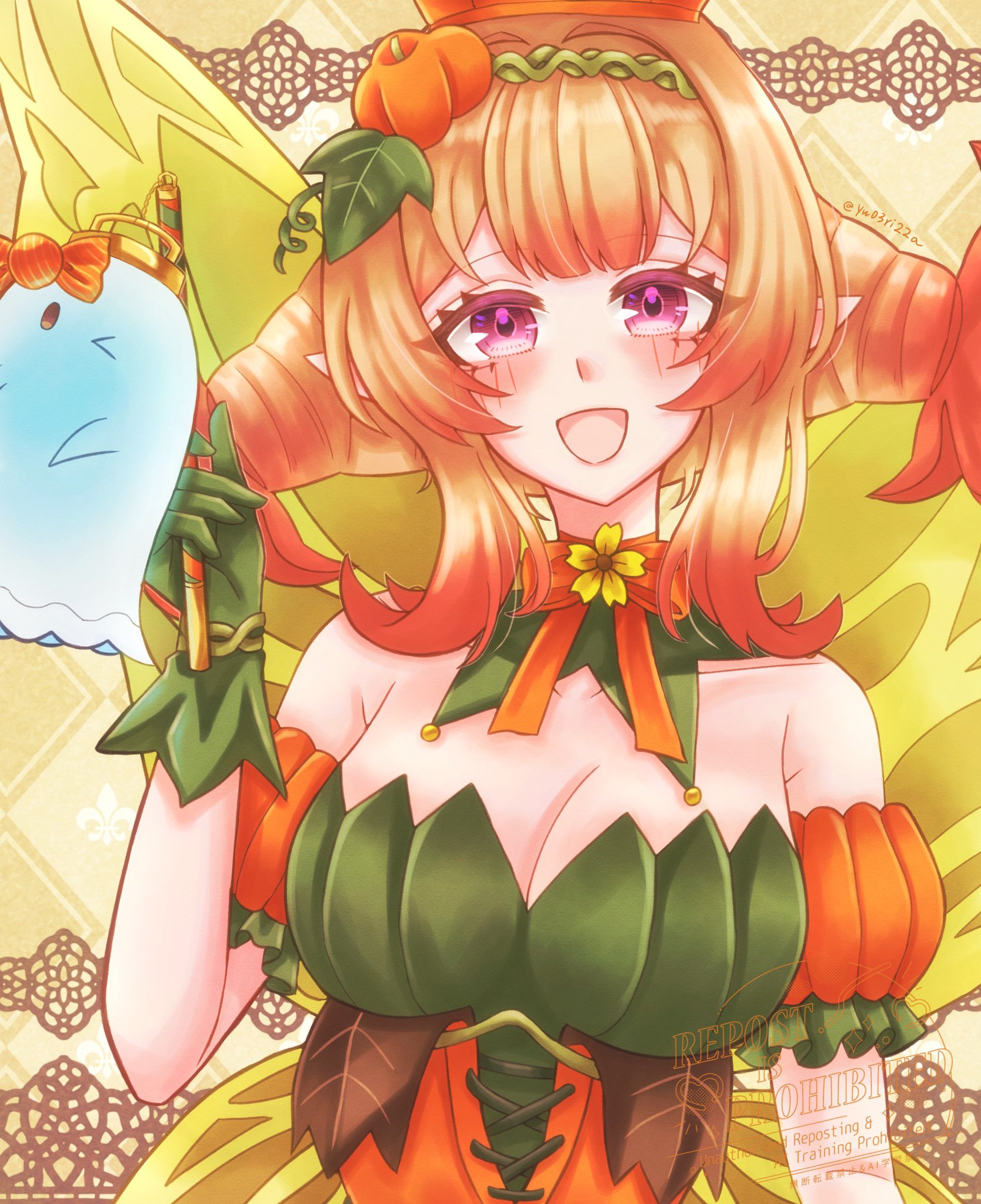 yuria0322, peony (fire emblem), peony (fruitful dream) (fire emblem), fire emblem, fire emblem heroes, nintendo, highres, 1girl, blonde hair, breasts, cleavage, fairy, fairy wings, ghost, halloween, halloween costume, large breasts, looking at viewer, official alternate costume, purple eyes, solo, upper body, wings