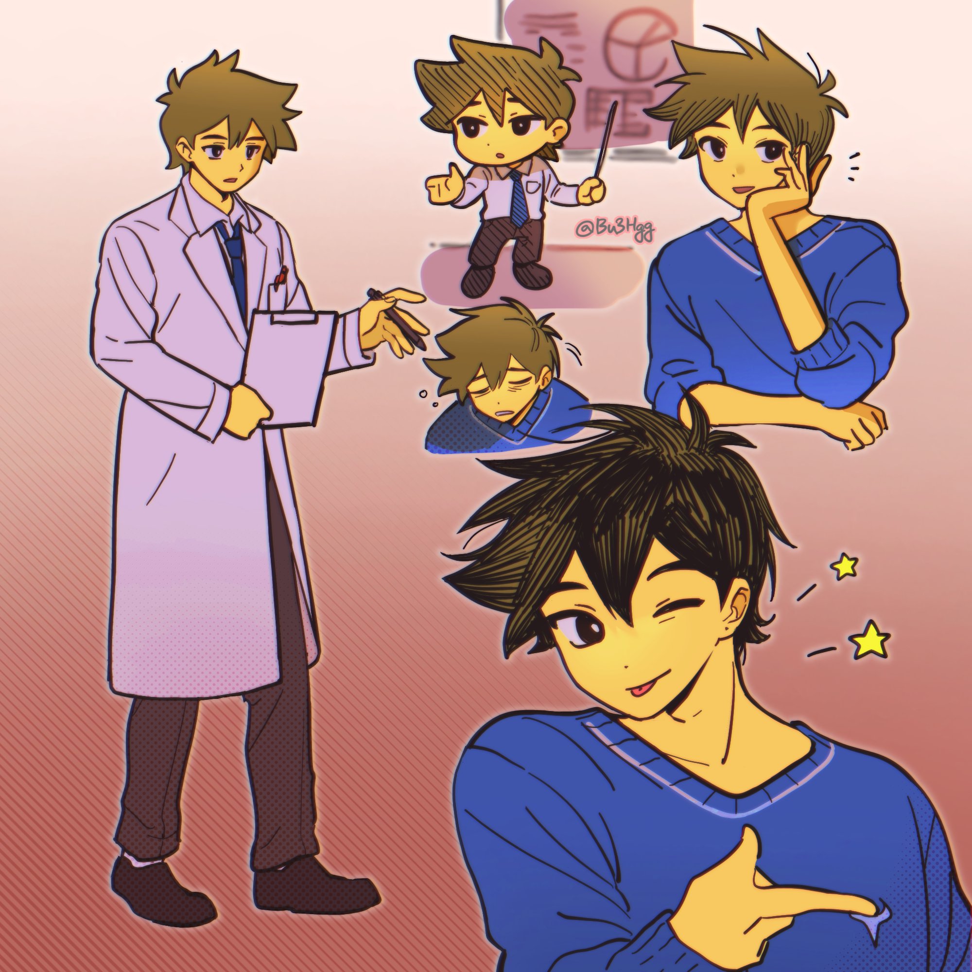 bu3hgg, hero (faraway) (omori), hero (omori), omori, highres, 1boy, alternate costume, black eyes, blue necktie, blue sweater, breast pocket, bright pupils, brown hair, brown pants, brown shoes, chart, chibi, closed eyes, collared shirt, dark-skinned male, dark skin, hand on own cheek, hand on own face, holding, holding pen, holding pointer, lab coat, long sleeves, looking at viewer, necktie, object in pocket, one eye closed, pants, parted lips, pen, pen in pocket, pocket, pointer, shirt, shoes, short hair, smile, solo, sweater, tongue, tongue out, twitter username, white pupils, white shirt