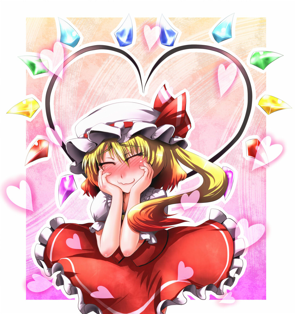 tora (pixiv), tora (trampjing), flandre scarlet, touhou, 1girl, blonde hair, blush, closed eyes, female focus, hands on own face, happy, hat, heart, heart wings, ponytail, short hair, side ponytail, solo, wavy mouth, wings