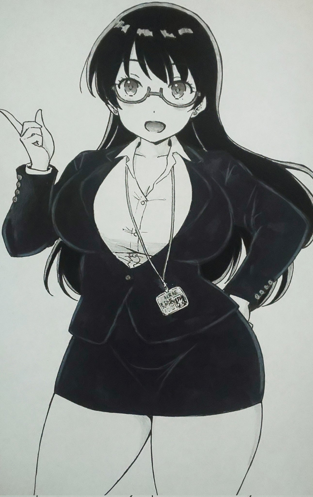 gyupolo9, arato nagi, ruri no houseki, highres, traditional media, 1girl, black skirt, black suit, blouse, breasts, business suit, buttons, cleavage, collared shirt, curvy, ear piercing, formal clothes, glasses, greyscale, id card, lanyard, large breasts, long hair, monochrome, office lady, pencil skirt, piercing, shirt, shirt tucked in, simple background, skirt, skirt suit, suit, white background, white shirt