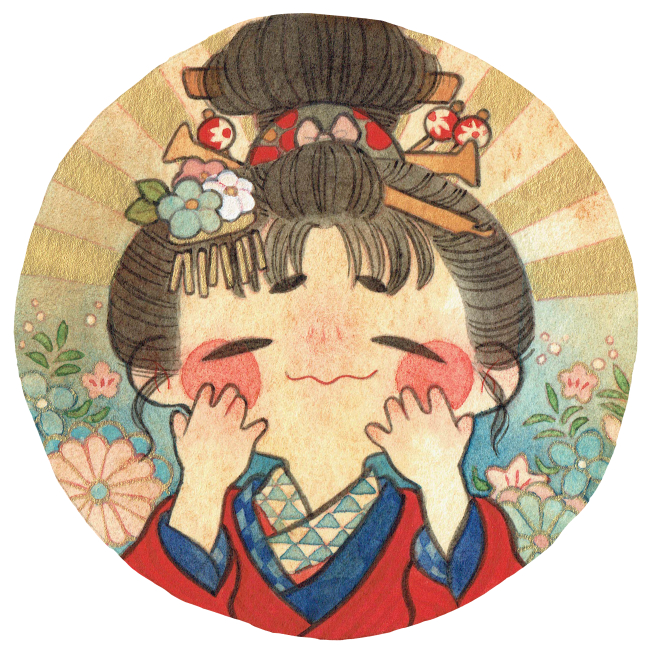 hagatake kili, original, painting (medium), traditional media, watercolor (medium), 1girl, black hair, eyeshadow, floral background, hair ornament, japanese clothes, kanzashi, kimono, layered kimono, lipstick, makeup, nihongami, parody, scenery print, style parody, sunburst, updo