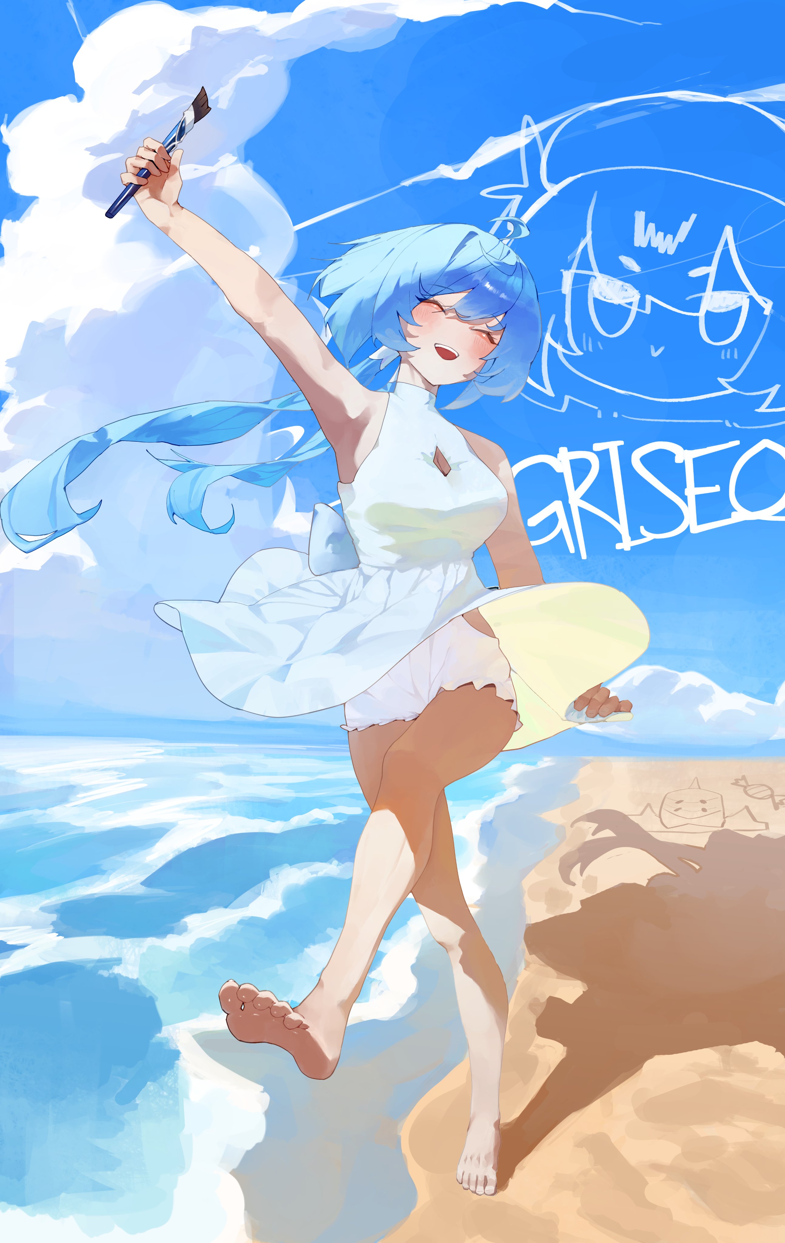 nareusii, griseo, griseo (cosmic expression), griseo (starry impression), honkai (series), honkai impact 3rd, absurdres, hashtag-only commentary, highres, 1girl, ahoge, barefoot, beach, blue hair, blue sky, breasts, cleavage, cloud, dress, feet, holding, holding paintbrush, large breasts, long hair, ocean, paintbrush, shorts, shorts under dress, sky, smile, soles, solo, toes, very long hair, white dress, white shorts