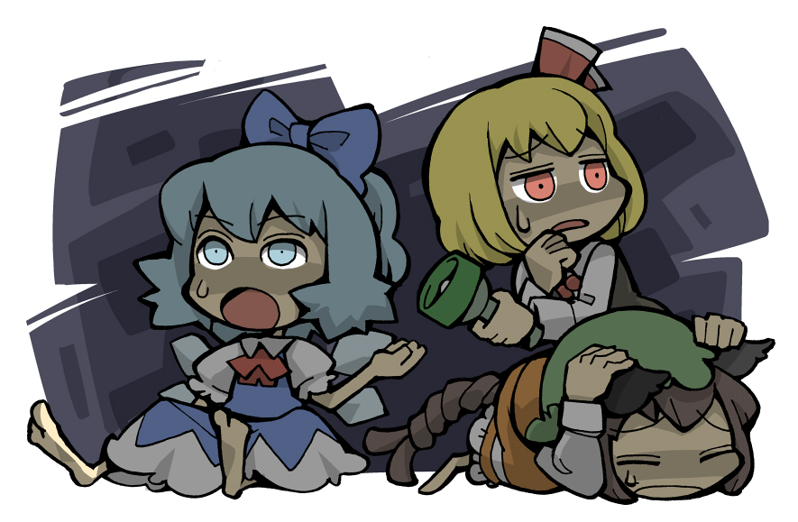 hounori, chen, cirno, rumia, shoot the bullet, touhou, bad id, bad pixiv id, 3girls, animal ears, blonde hair, blue eyes, blue hair, brown hair, cat ears, cat tail, chibi, flashlight, hair ribbon, hat, multiple girls, multiple tails, red eyes, ribbon, scared, sweat, tail, team 9 (touhou)