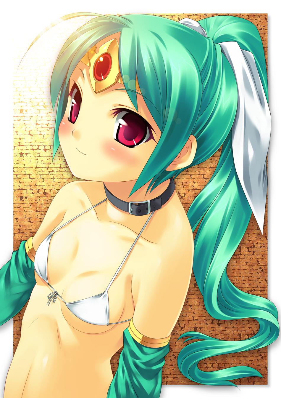 kinoshita ichi, highres, 1girl, ahoge, bikini, blush, breasts, choker, circlet, detached sleeves, female focus, flat chest, green hair, hair ribbon, jewelry, long hair, micro bikini, pink eyes, ponytail, red eyes, ribbon, small breasts, smile, solo, swimsuit, underboob