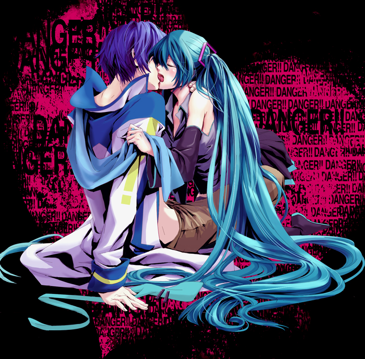 nori (pixiv), norio (mirimiri), hatsune miku, kaito (vocaloid), vocaloid, bad id, bad pixiv id, 1boy, 1girl, aqua hair, blue hair, blue scarf, closed eyes, couple, detached sleeves, french kiss, heart, hetero, kiss, long hair, scarf, sitting, skirt, thighhighs, twintails, very long hair