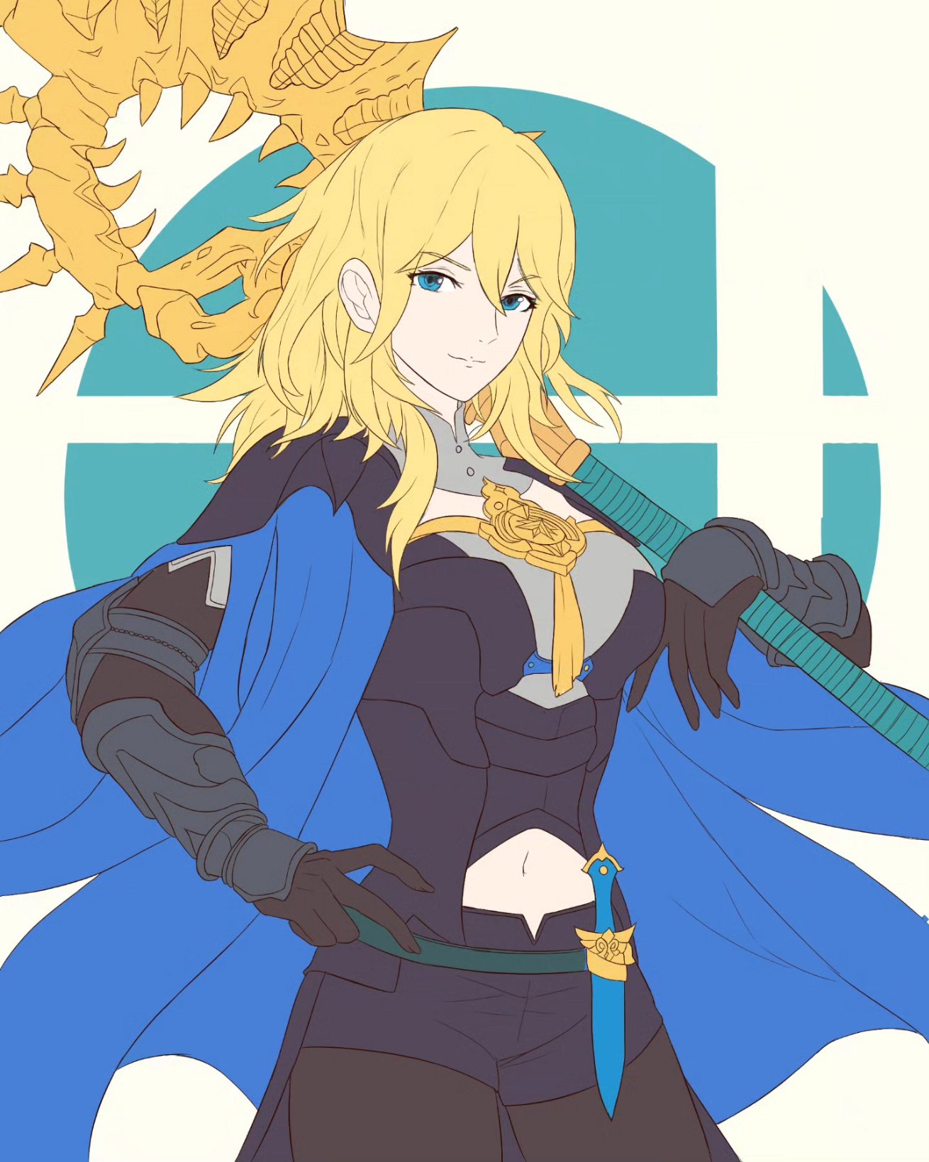 truejekart, female byleth (fire emblem), fire emblem, fire emblem: three houses, nintendo, super smash bros., highres, 1girl, alternate color, alternate eye color, alternate hair color, armor, axe, aymr (fire emblem), black armor, black pantyhose, blonde hair, blue cape, blue eyes, bodice, breasts, bustier, cape, closed mouth, clothing cutout, dagger, hair between eyes, holding, holding axe, knife, large breasts, long hair, looking at viewer, midriff, navel, navel cutout, over shoulder, pantyhose, pantyhose under shorts, sheath, sheathed, shorts, smile, solo, vambraces, weapon