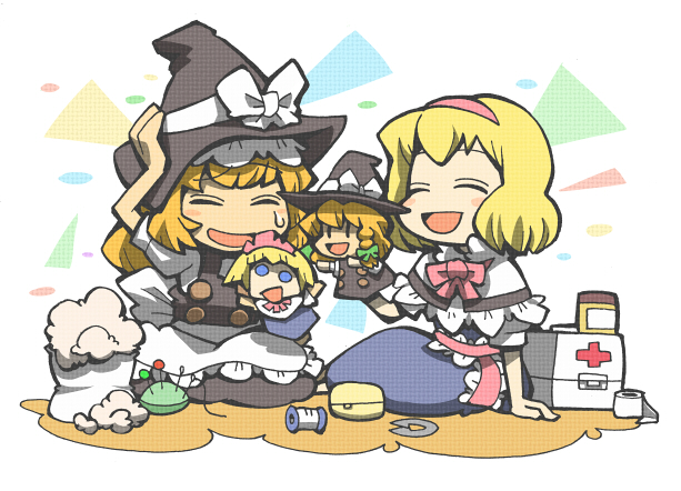 hounori, alice margatroid, kirisame marisa, touhou, 4girls, blonde hair, chibi, dress, female focus, hairband, hand puppet, hat, multiple girls, puppet, white background