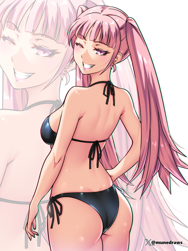 etchimune, hilda valentine goneril, fire emblem, fire emblem: three houses, nintendo, 1girl, alternate costume, ass, back, bikini, black bikini, blush, breasts, from behind, long hair, looking at viewer, looking back, medium breasts, open mouth, pink eyes, pink hair, simple background, smile, solo, swimsuit, teeth, twintails, twitter username, upper body, white background