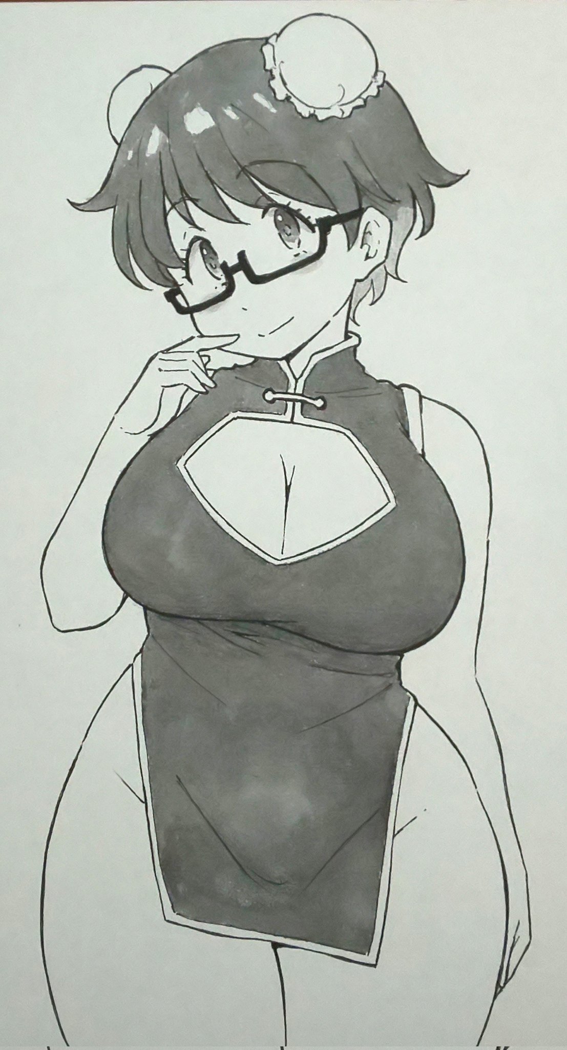 gyupolo9, imari youko, ruri no houseki, highres, traditional media, 1girl, black gloves, breasts, china dress, chinese clothes, cleavage, cleavage cutout, clothing cutout, curvy, double bun, dress, glasses, gloves, hair bun, large breasts, short hair, simple background, white background, wide hips