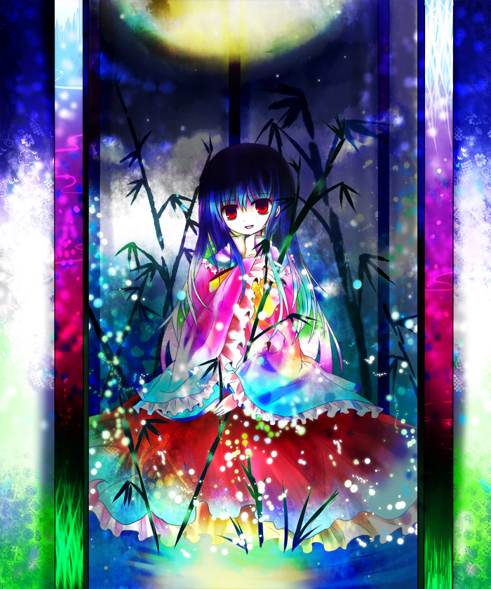 kazu (muchuukai), houraisan kaguya, touhou, 1girl, alternate eye color, alternate hair color, black hair, collared shirt, colorful, female focus, full moon, glowing, long hair, moon, plant, shaded face, shirt, sitting, solo