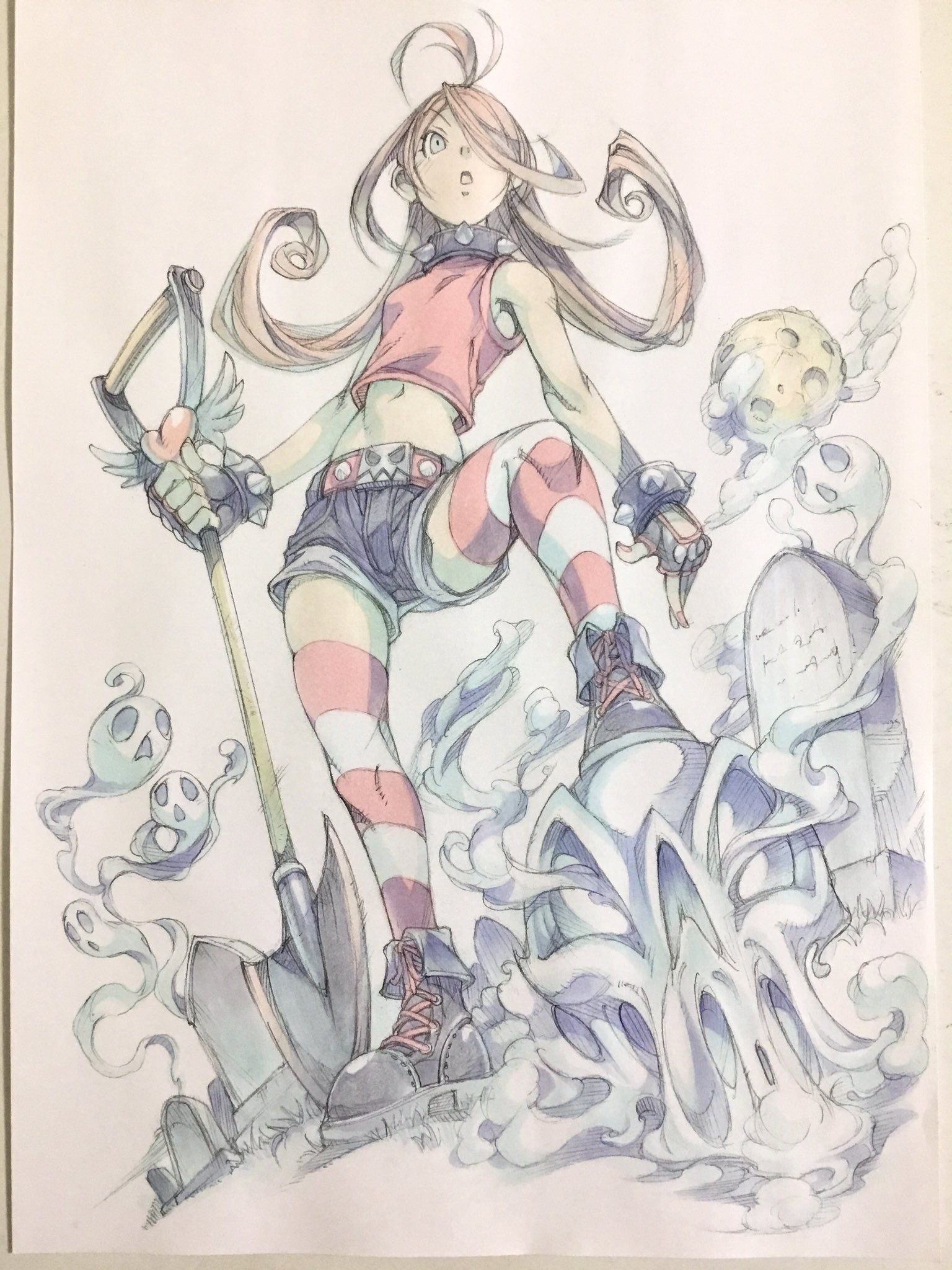 peter salt, original, commentary, highres, traditional media, 1girl, ahoge, belt, belt buckle, black boots, black gloves, blonde hair, blue eyes, boots, bracelet, breasts, buckle, cloud, collar, crop top, fingerless gloves, flipped hair, from below, full body, ghost, gloves, graveyard, hair over one eye, heart, holding, holding shovel, jewelry, long hair, midriff, moon, nail polish, navel, open mouth, red belt, red nails, red shirt, red thighhighs, shirt, short shorts, shorts, shovel, skindentation, skull, sleeveless, sleeveless shirt, small breasts, solo, spiked bracelet, spiked collar, spikes, standing, striped clothes, striped thighhighs, thighhighs, tombstone, zettai ryouiki