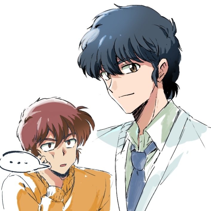 qrhara555, godai yuusaku, mitaka shun, maison ikkoku, black hair, brown eyes, brown hair, collar, collared shirt, formal clothes, hand on own face, jealous, long sleeves, necktie, open mouth, orange shirt, shirt, simple background, speech bubble, suit, white background, white suit