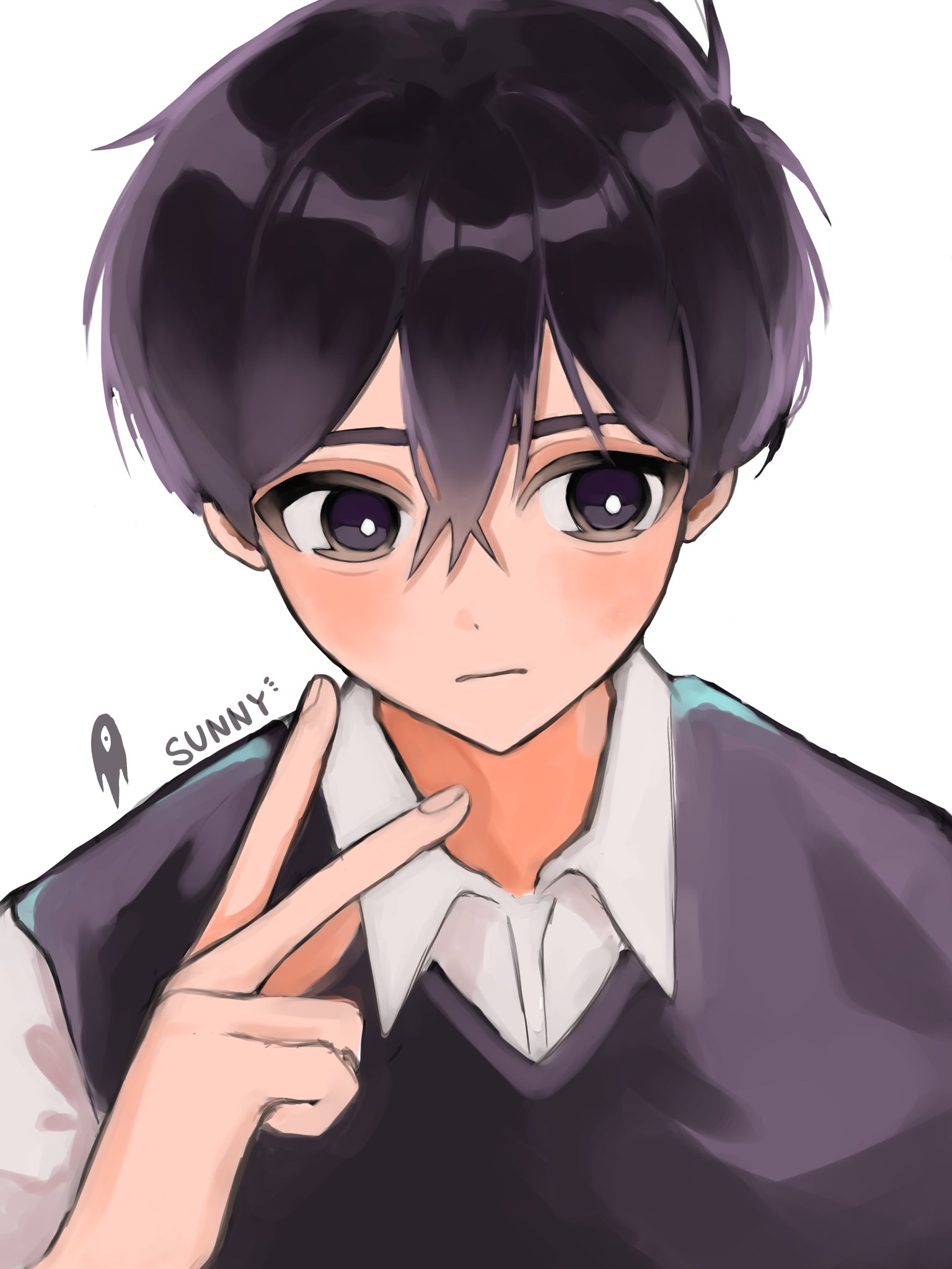 something (omori), sunny (omori), omori, highres, 1boy, antenna hair, black eyes, black hair, black sweater vest, bright pupils, character name, close-up, closed mouth, collared shirt, double-parted bangs, looking at viewer, male focus, shirt, short hair, simple background, solo, sweater vest, upper body, v, waiwaisiyo ze, white background, white pupils, white shirt