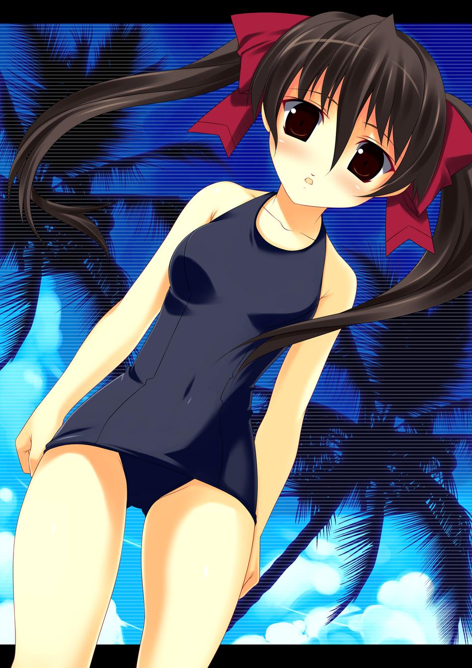 kinoshita ichi, highres, 1girl, beach, brown eyes, brown hair, female focus, long hair, one-piece swimsuit, ribbon, school swimsuit, solo, swimsuit, twintails