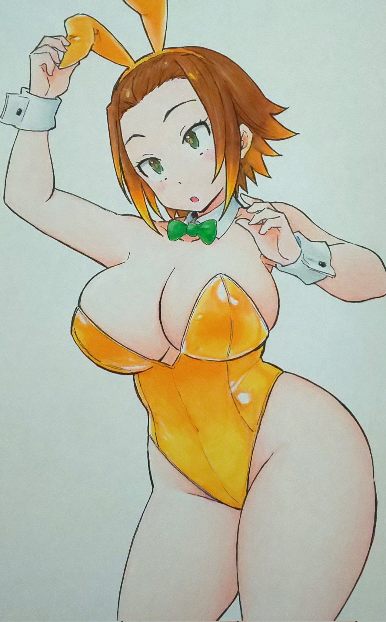 gyupolo9, kasamaru aoi, ruri no houseki, highres, traditional media, 1girl, animal ears, bow, bowtie, breasts, brown hair, cleavage, curvy, detached collar, forehead, gradient hair, green bow, green bowtie, green eyes, large breasts, multicolored hair, playboy bunny, rabbit ears, short hair, simple background, thick thighs, thighs, white background, wrist cuffs