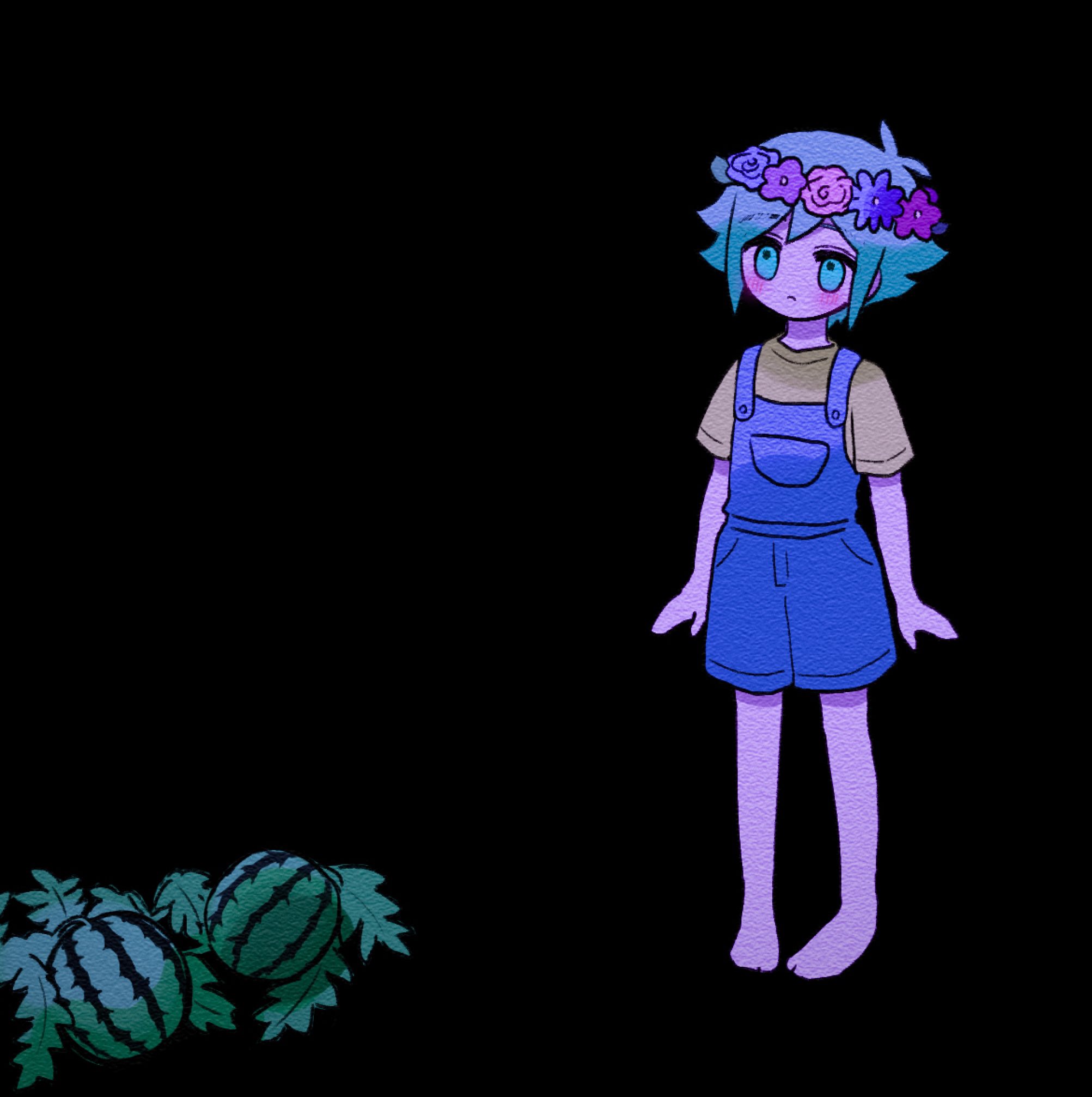 true erg, basil (headspace) (omori), basil (omori), omori, highres, 1boy, antenna hair, arms at sides, barefoot, black background, blue overalls, blush, closed mouth, colored skin, double-parted bangs, flower, flower wreath, food, fruit, green eyes, green hair, head wreath, male focus, overall shorts, overalls, shirt, short hair, short sleeves, sidelocks, simple background, solo, standing, t-shirt, watermelon, white skin, yellow shirt