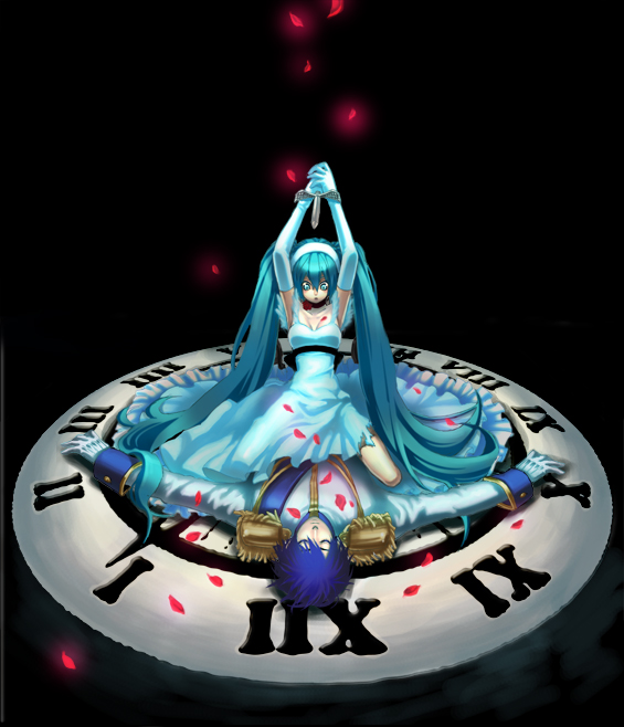 aoki keito, keiji0732, cendrillon (toaru majutsu no index), hatsune miku, kaito (vocaloid), cendrillon (vocaloid), vocaloid, 1boy, 1girl, aqua eyes, aqua hair, blue hair, clock, closed eyes, dagger, dress, elbow gloves, gloves, knife, long hair, petals, twintails, very long hair, weapon, white dress