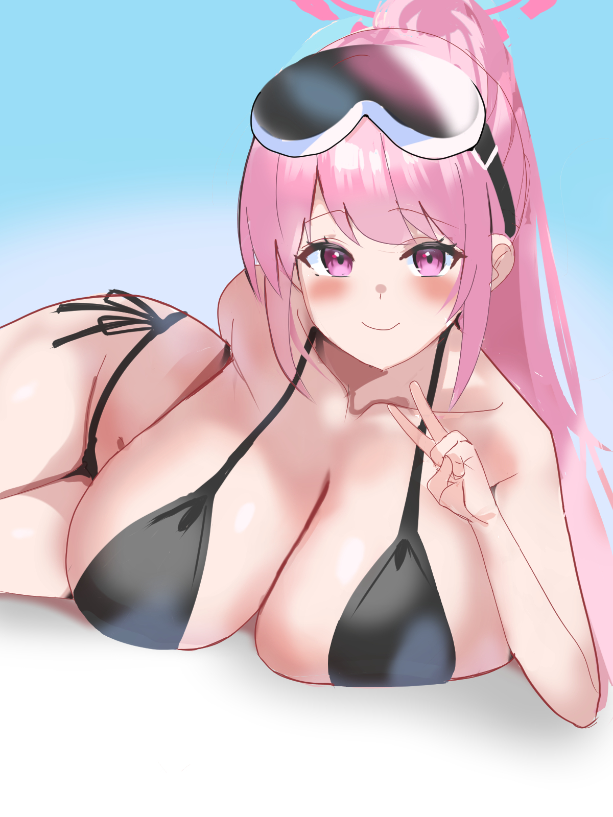 aw999555, eimi (blue archive), eimi (swimsuit) (blue archive), blue archive, highres, bikini, black bikini, blush, breasts, goggles, halo, halterneck, high ponytail, huge breasts, long hair, looking at viewer, lying, on side, pink eyes, pink hair, pink halo, ponytail, sidelocks, ski goggles, smile, swimsuit, v
