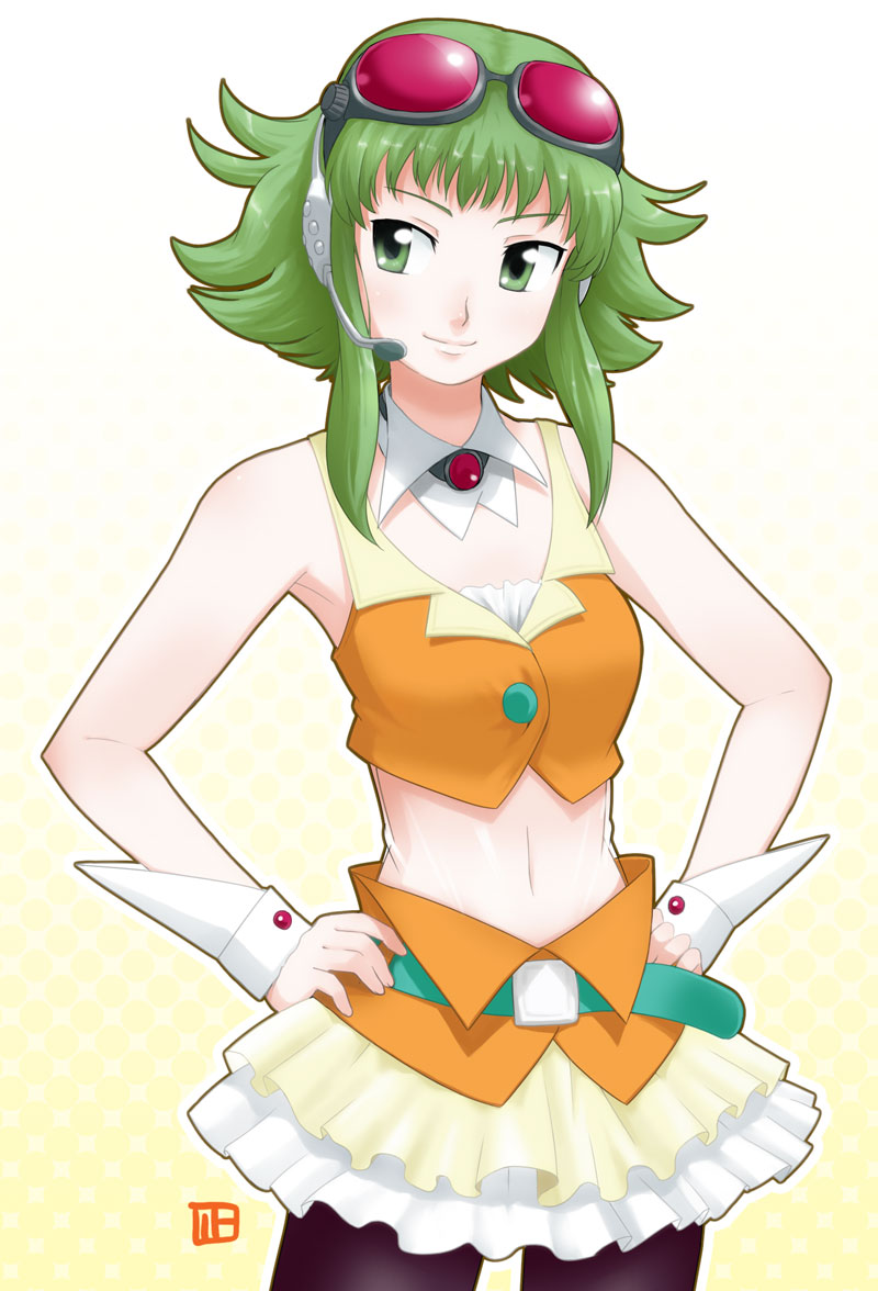 nagian, gumi, vocaloid, bad id, bad pixiv id, 1girl, female focus, goggles, gradient background, green eyes, green hair, hands on own hips, headset, matching hair/eyes, midriff, navel, skirt, smile, solo, wrist cuffs