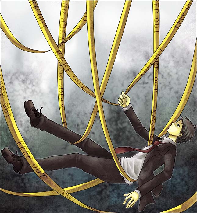 ranna-p, adachi tooru, atlus, persona, persona 4, spoilers, 1boy, brown hair, caution tape, keep out, male focus, necktie, solo