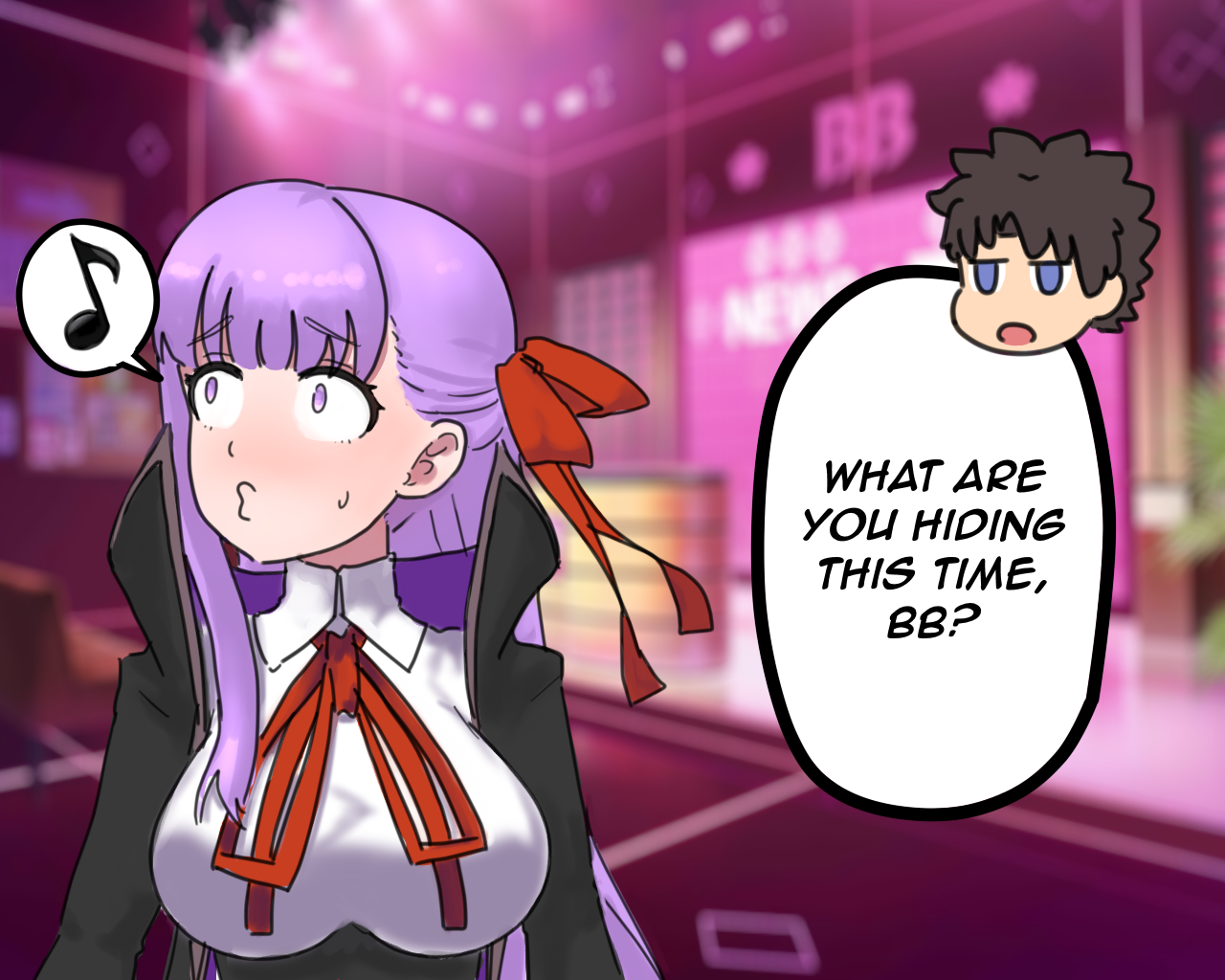 raskasar, bb (fate), bb (fate/extra), fujimaru ritsuka (male), fate/grand order, fate (series), commentary, english commentary, 1boy, 1girl, black hair, blue eyes, blurry, blurry background, breasts, chibi, chibi inset, constricted pupils, eighth note, hair ribbon, large breasts, musical note, puckered lips, purple eyes, raised inner eyebrows, ribbon, single sidelock, spoken musical note, sweatdrop, whistling
