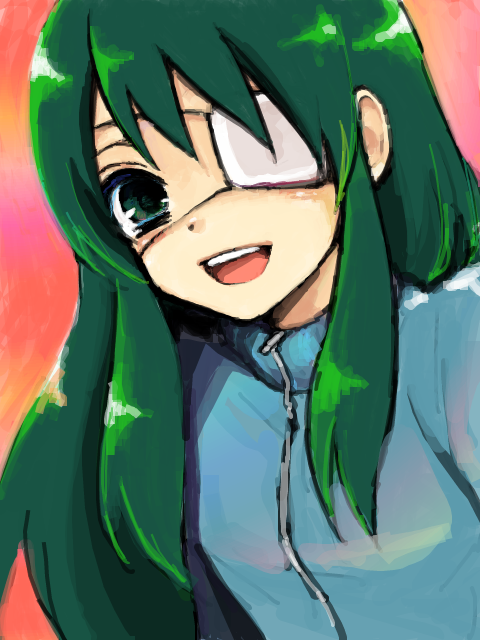 sten, hoshino yachiho, noberuge, 1girl, eyepatch, female focus, green eyes, green hair, long hair, matching hair/eyes, open mouth, smile, solo, tegaki
