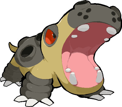 kawaanago, hippowdon, hippowdon (male), nintendo, pokemon, commentary request, lowres, animal, animal focus, full body, gen 4 pokemon, hippopotamus, no humans, open mouth, pokemon (creature), pokemon focus, solo, teeth, transparent background