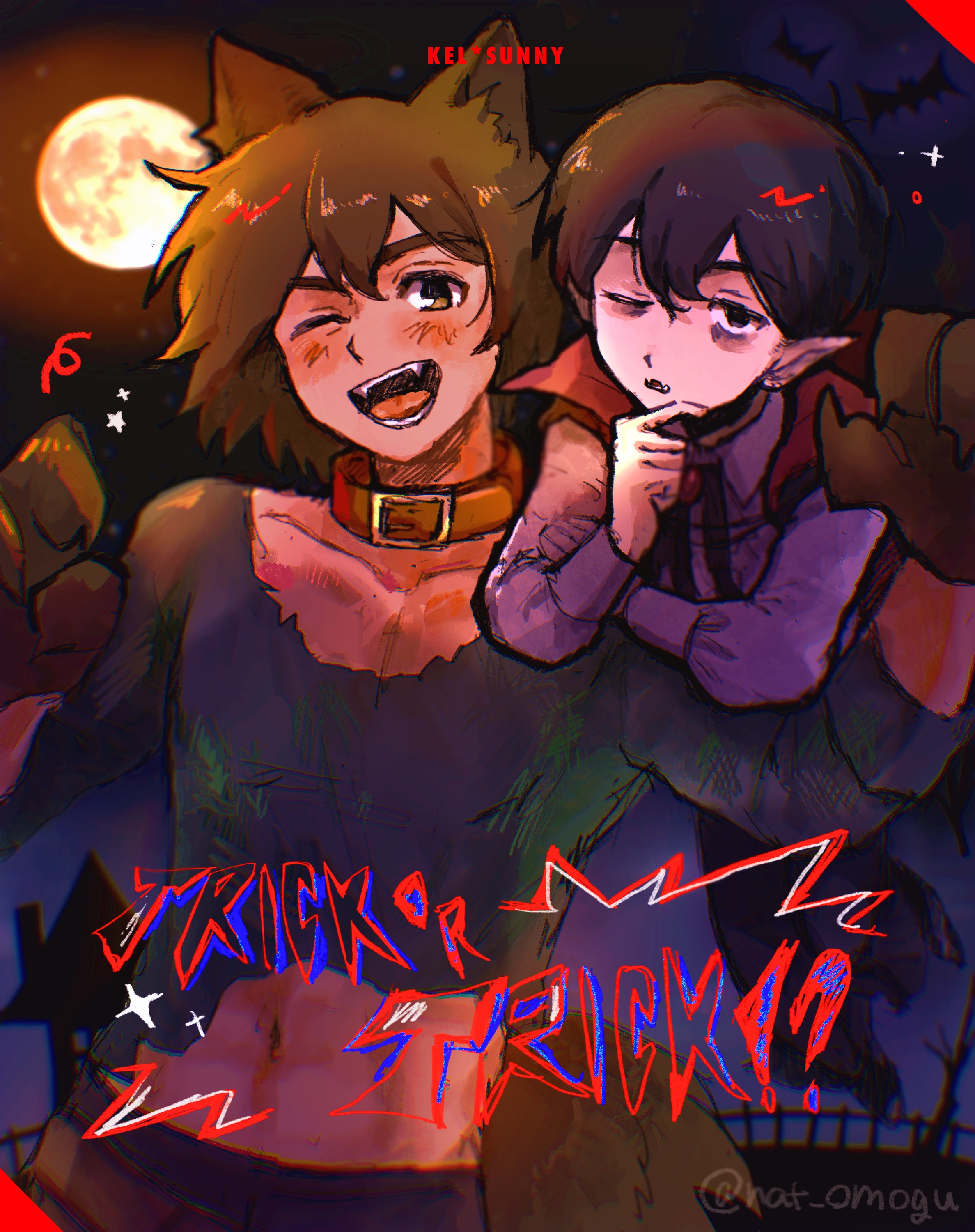 nat omogu, kel (faraway) (omori), kel (omori), sunny (omori), omori, absurdres, highres, 2boys, alternate costume, alternate eye color, animal ears, black eyes, black hair, blush, brown eyes, brown hair, character name, dark-skinned male, dark skin, fangs, full moon, halloween, halloween costume, kemonomimi mode, looking at viewer, male focus, moon, multiple boys, navel, one eye closed, open mouth, parted lips, pointy ears, short hair, skin fangs, smile, tail, teeth, tongue, trick or treat, twitter username, vampire costume, wolf boy, wolf ears, wolf tail