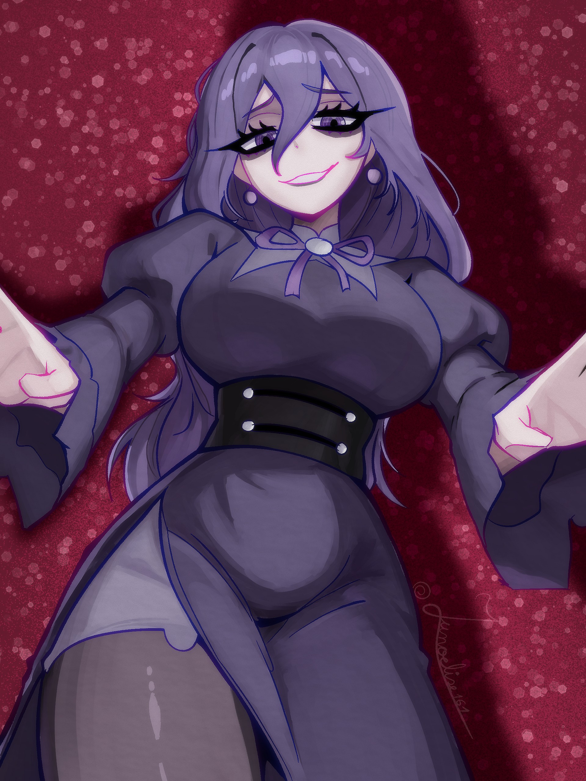 hex maniac (pokemon), hex maniac (pokemon legends: z-a), nintendo, pokemon, pokemon legends: z-a, absurdres, highres, 1girl, alternate breast size (larger), bags under eyes, black corset, black dress, black hair, black pantyhose, breasts, corset, dress, earrings, grin, hair between eyes, jewelry, juliet sleeves, junoelise161, large breasts, long hair, long sleeves, looking at viewer, neck ribbon, open mouth, pantyhose, puffy sleeves, purple eyes, purple ribbon, ribbon, smile, solo