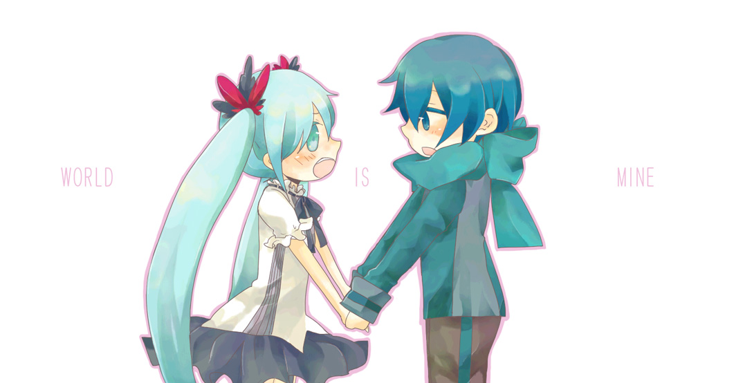 mui, hatsune miku, kaito (vocaloid), vocaloid, world is mine (vocaloid), aged down, aqua eyes, aqua hair, aqua scarf, blue eyes, blue hair, child, hair ribbon, holding hands, long hair, open mouth, ribbon, scarf, skirt, twintails