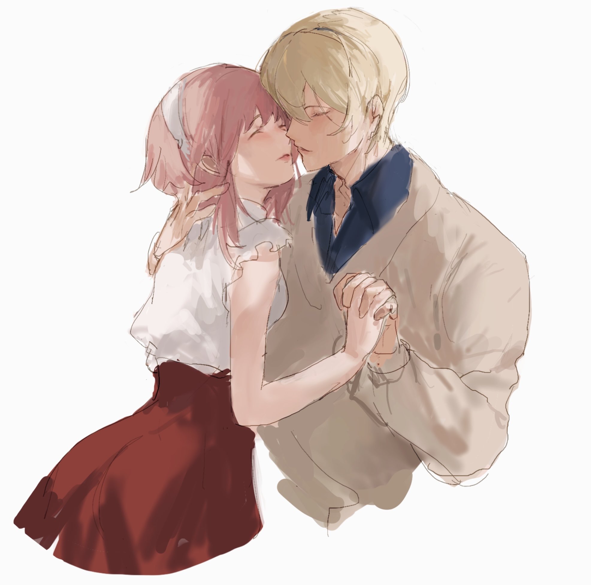 brinaa sama, leo (fire emblem fates), sakura (fire emblem), fire emblem, fire emblem fates, nintendo, highres, 1boy, 1girl, alternate costume, blonde hair, closed eyes, couple, hetero, imminent kiss, pink hair, upper body