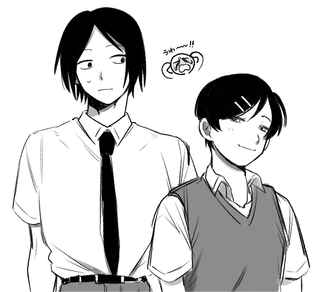 sio megane, kouyama rin, taguchi ryuuya, futsuu no keion-bu, commentary request, 1boy, 1girl, collared shirt, cousins, greyscale, height difference, light smile, looking at another, monochrome, necktie, parted bangs, pixie cut, school uniform, shirt, short hair, short sleeves, simple background, small sweatdrop, sweater vest, upper body, white background