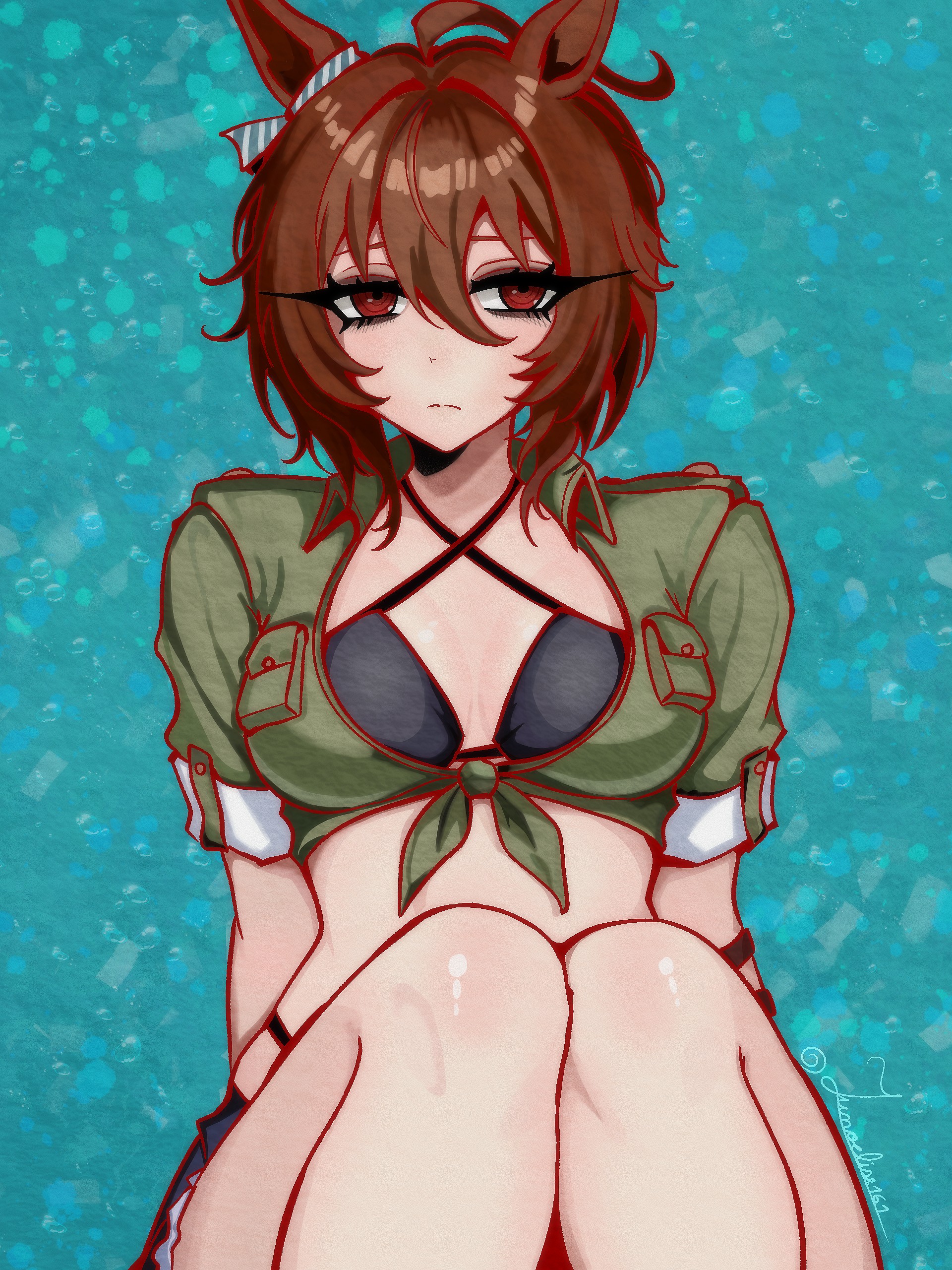 agnes tachyon (lunatic lab) (umamusume), agnes tachyon (umamusume), umamusume, absurdres, highres, 1girl, ahoge, animal ears, bikini, black bikini, blush, breasts, brown hair, closed mouth, criss-cross halter, ear ornament, green jacket, hair between eyes, halterneck, horse ears, horse girl, jacket, junoelise161, knees up, looking at viewer, medium breasts, medium hair, official alternate costume, open clothes, red eyes, shorts, solo, stomach, swimsuit, tied jacket