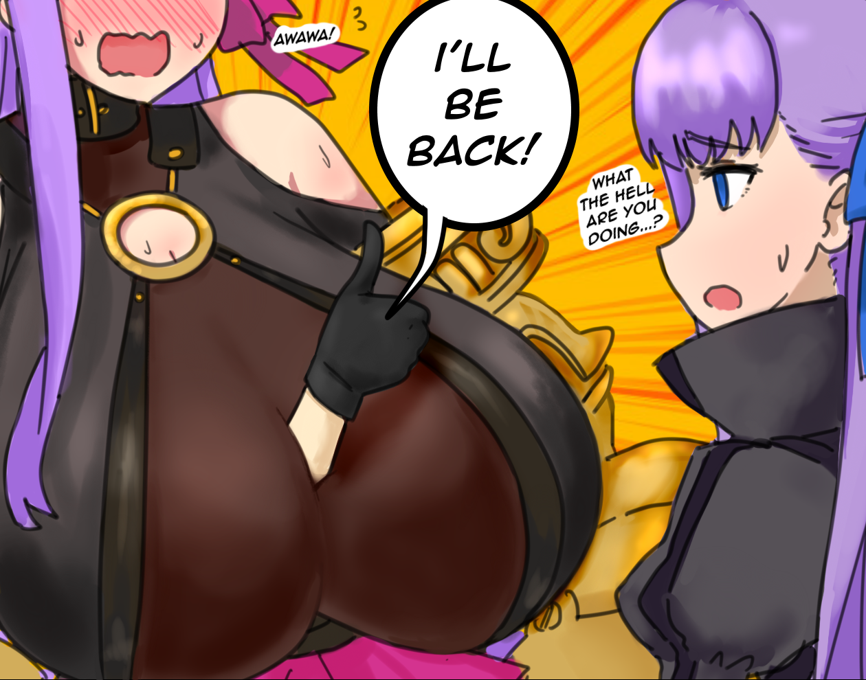 raskasar, meltryllis (fate), passionlip (fate), fate/grand order, fate (series), terminator (series), terminator 2: judgment day, commentary, english commentary, 1other, 2girls, arm between breasts, between breasts, black gloves, blue eyes, blush, breasts, english text, flying sweatdrops, gigantic breasts, gloves, hair ribbon, impossible clothes, long hair, multiple girls, parody, pink skirt, purple hair, ribbon, see-through cleavage, see-through clothes, single sidelock, skirt, sweat, thumbs up, wavy mouth