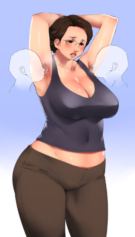 ganto, 1girl, 2boys, armpit hair, armpits, blush, breasts, cleavage, glasses, gradient background, large breasts, licking, licking armpit, mature female, multiple boys, plump, short hair, thick thighs, thighs