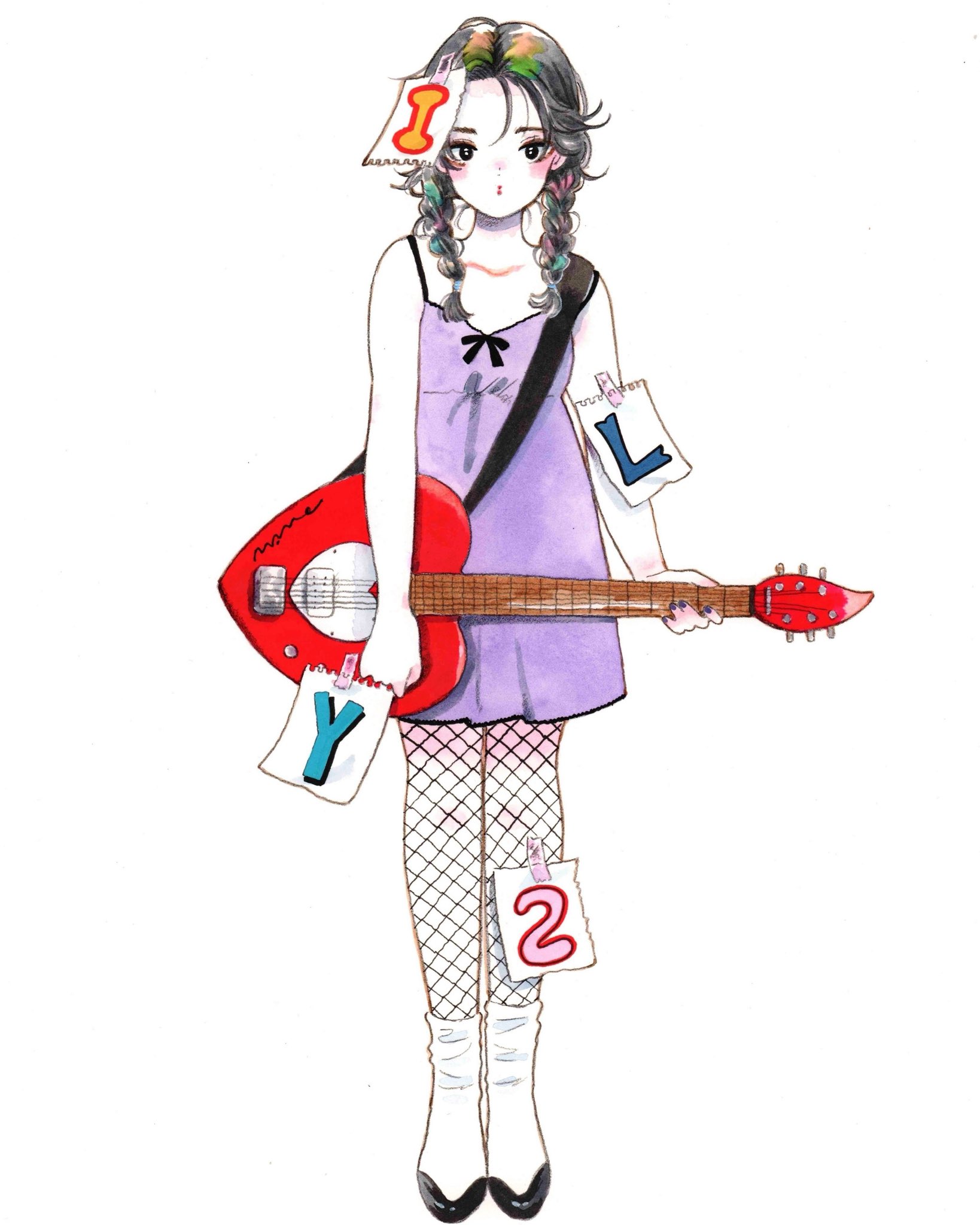 emamemamo33, original, commentary, highres, traditional media, 1girl, black eyes, black hair, blue nails, blush, braid, colored skin, dress, electric guitar, fingernails, fishnets, full body, guitar, guitar strap, heart-shaped guitar, holding, instrument, iridescent hair, long hair, looking at viewer, nail polish, paper, parted hair, purple dress, red lips, shoes, simple background, solo, standing, tape, twin braids, white background, white shoes, white skin